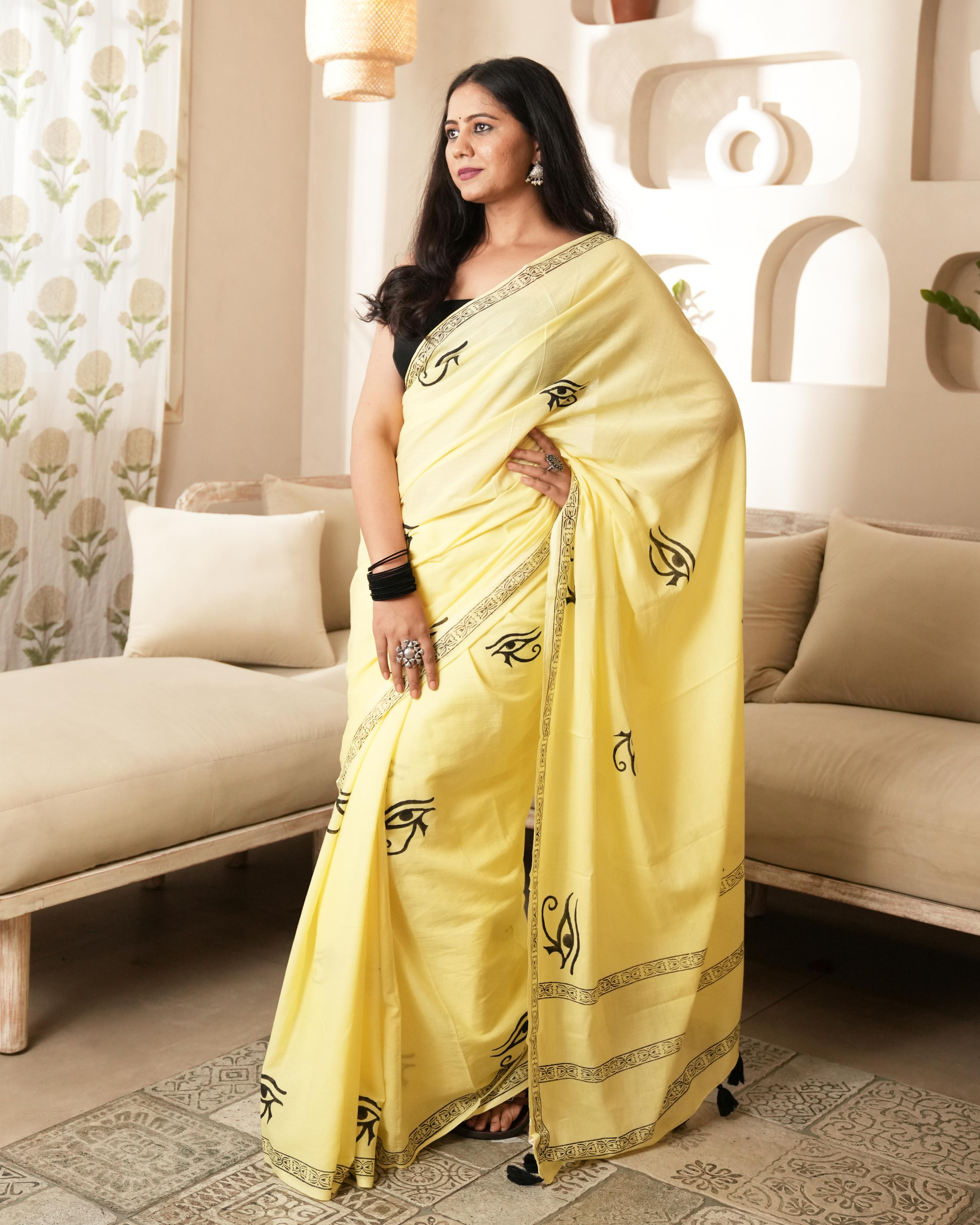 Yellow Spiritual Eye Hand Block Print Mul Saree with Tassels