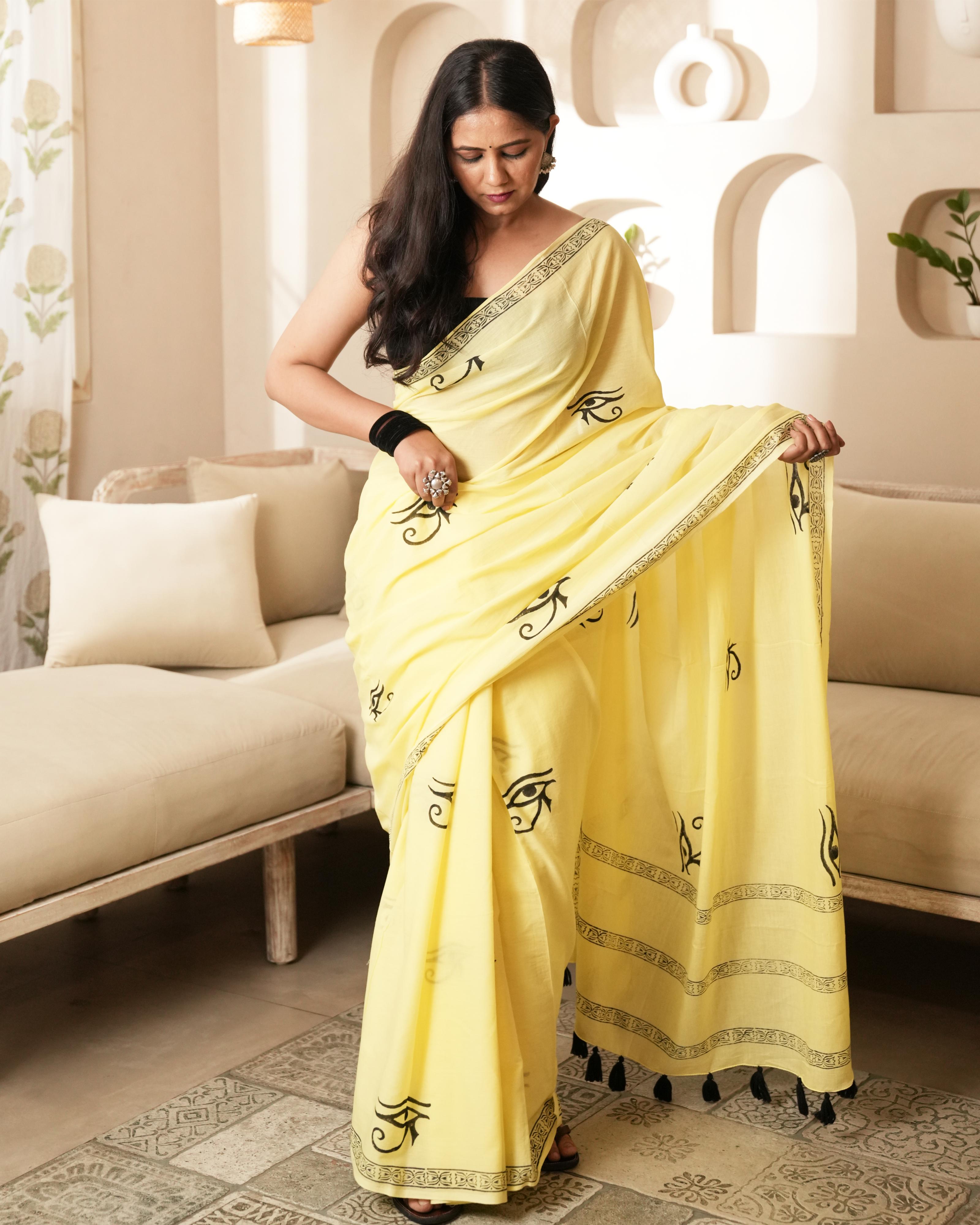 Yellow Spiritual Eye Hand Block Print Mul Saree with Tassels
