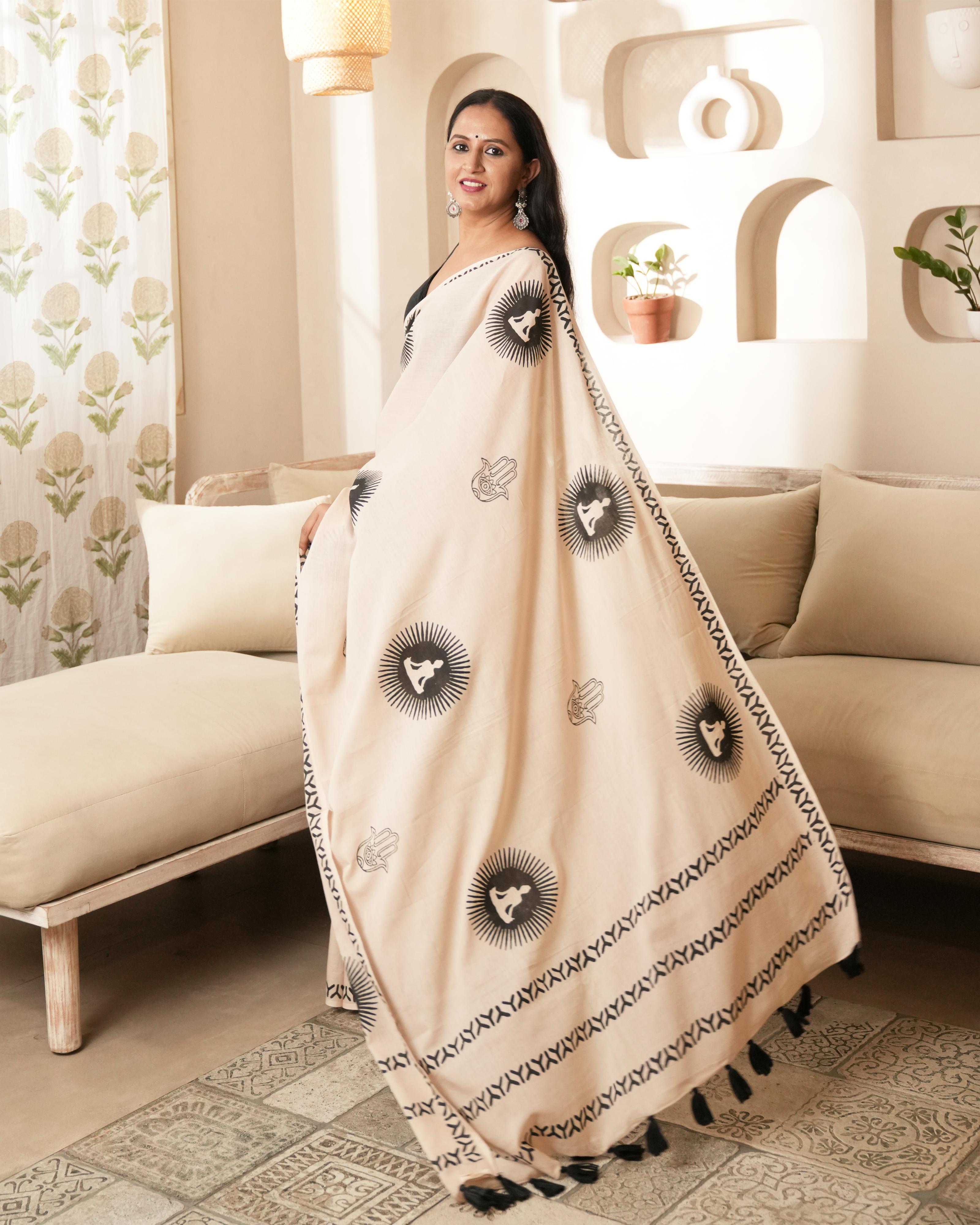 Beige Spiritual Chakra Block Print Mul Saree With Tassels