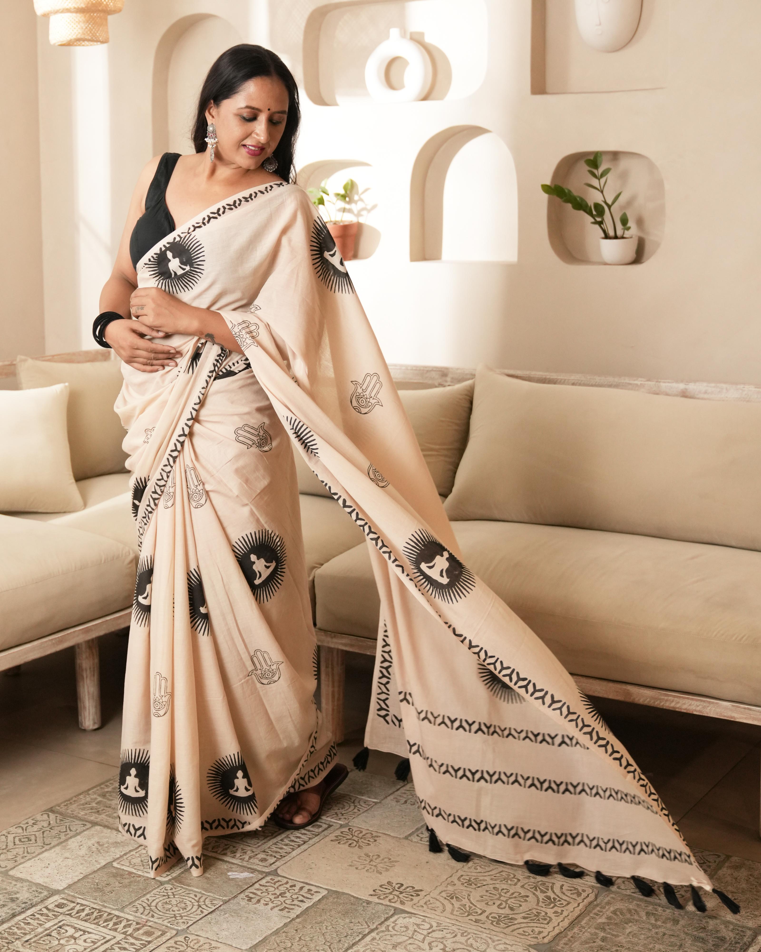 Beige Spiritual Chakra Block Print Mul Saree With Tassels