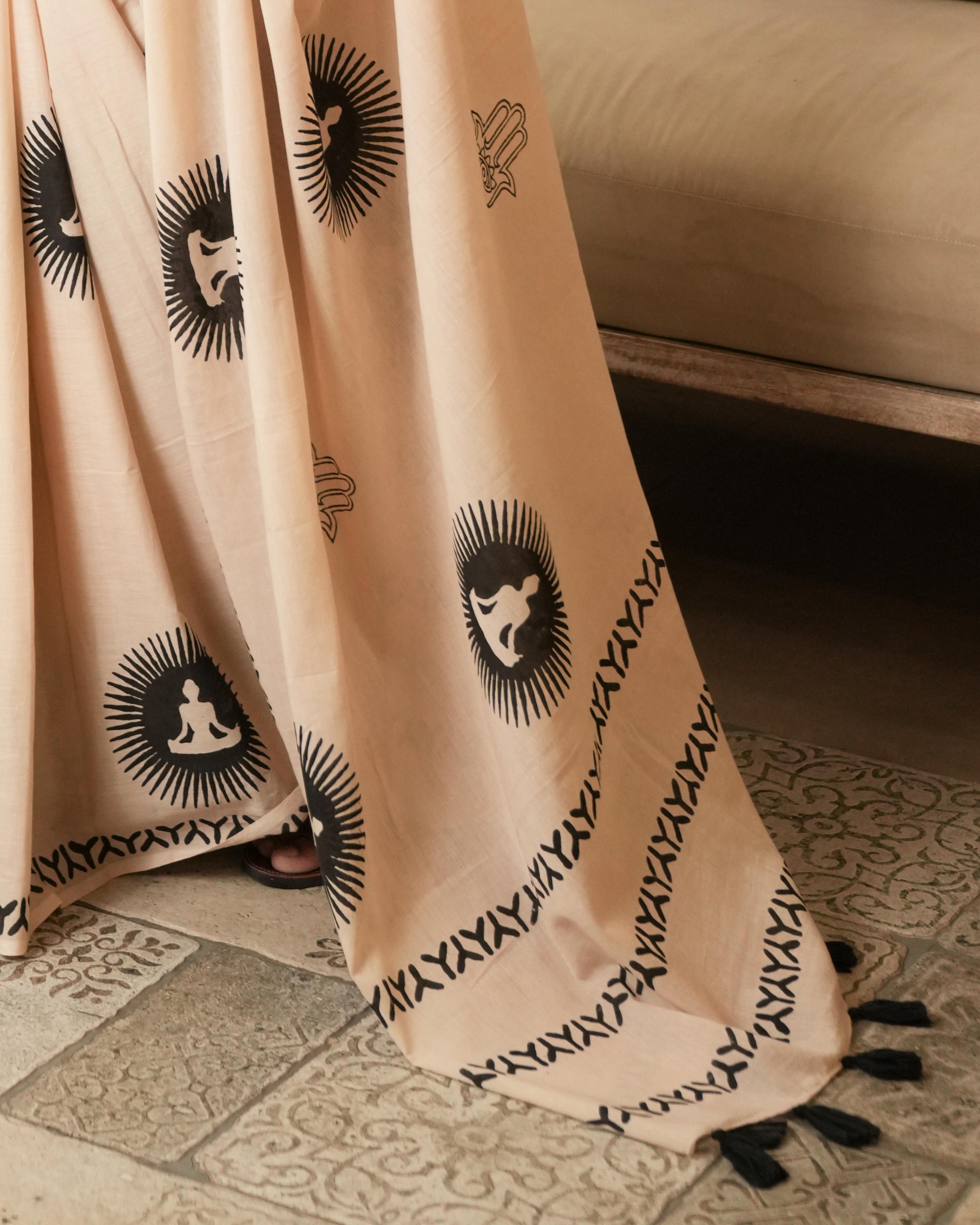 Beige Spiritual Chakra Block Print Mul Saree With Tassels
