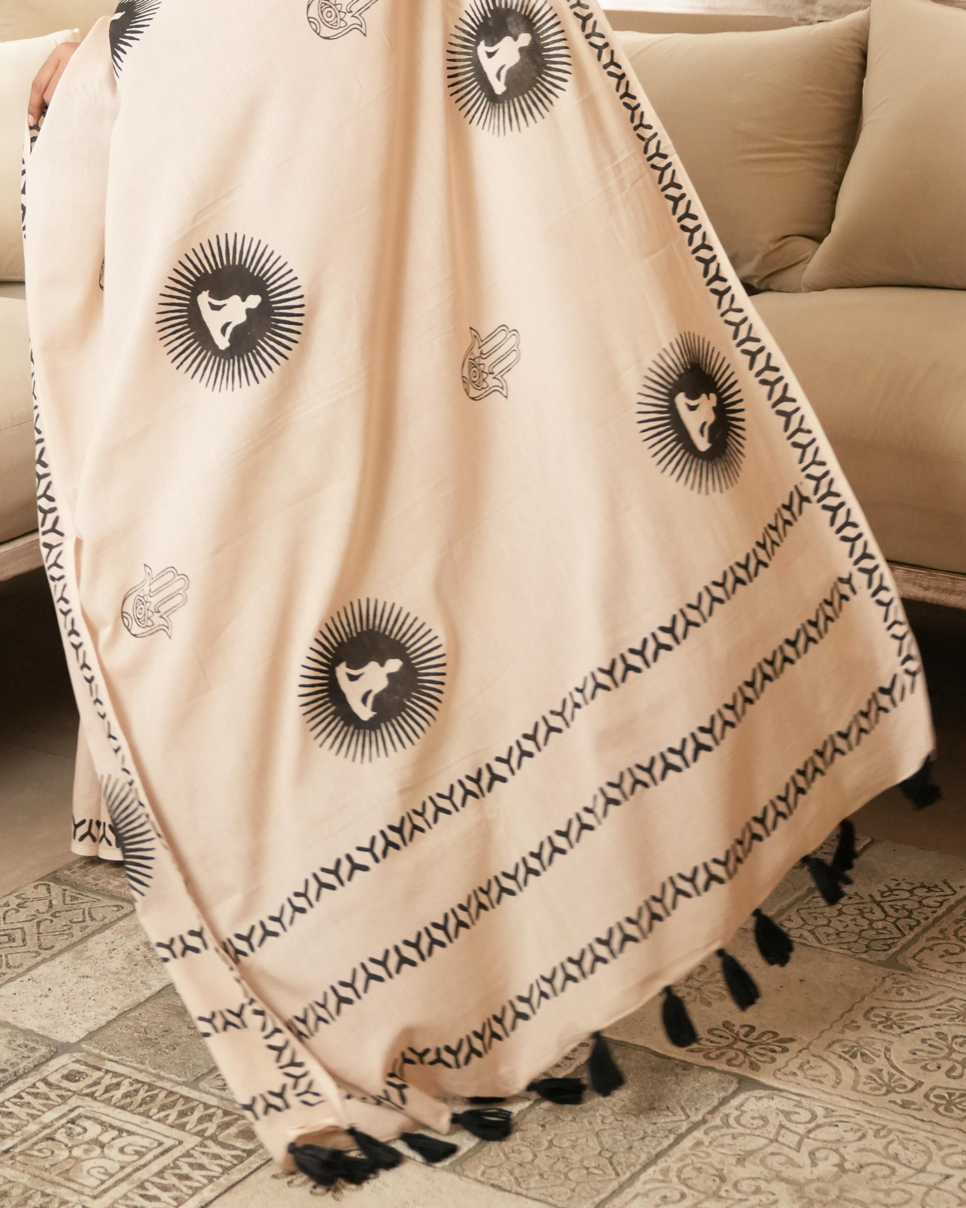 Beige Spiritual Chakra Block Print Mul Saree With Tassels