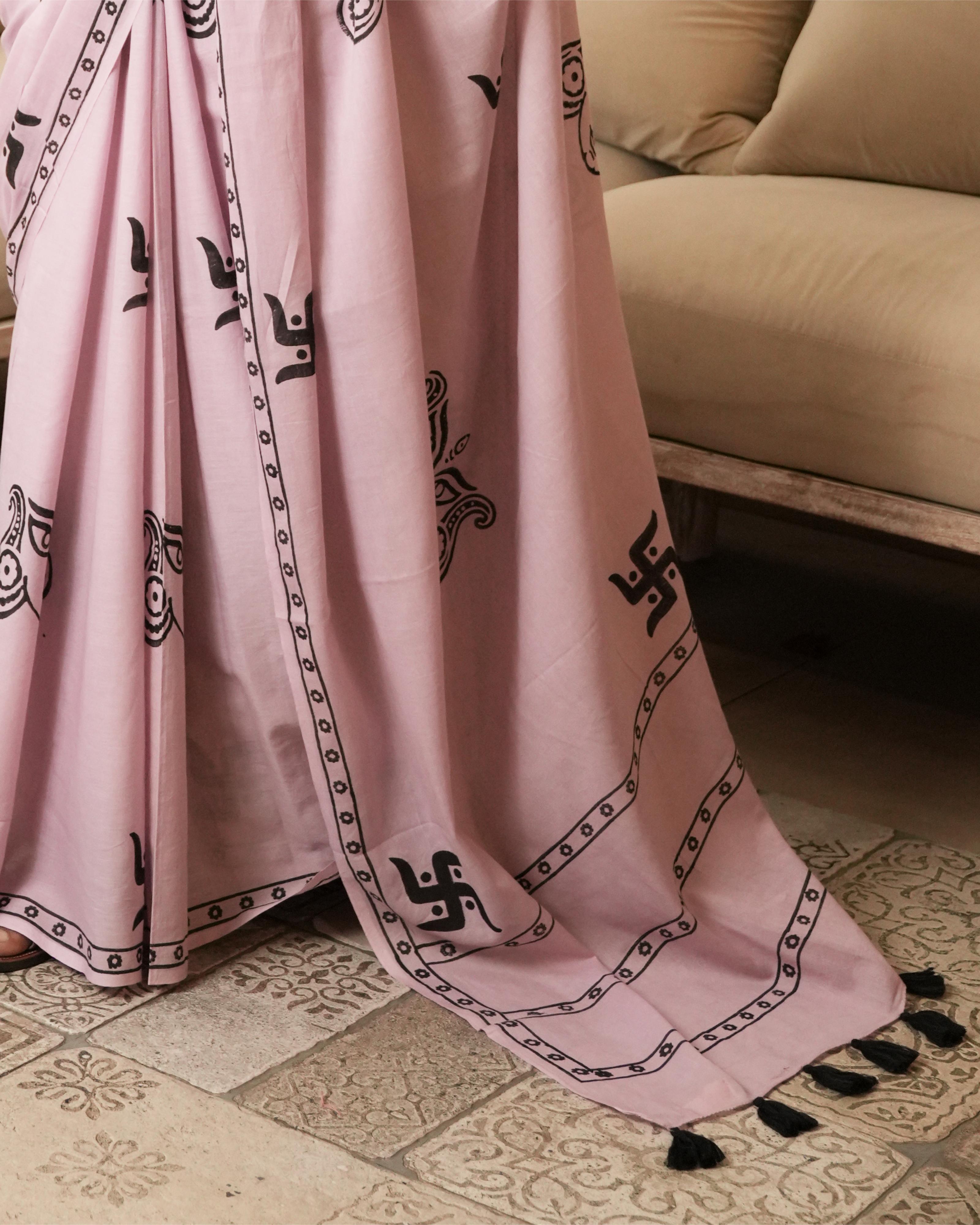 Rose Pink Swastik Hand Block Print Mul Saree with Tassels