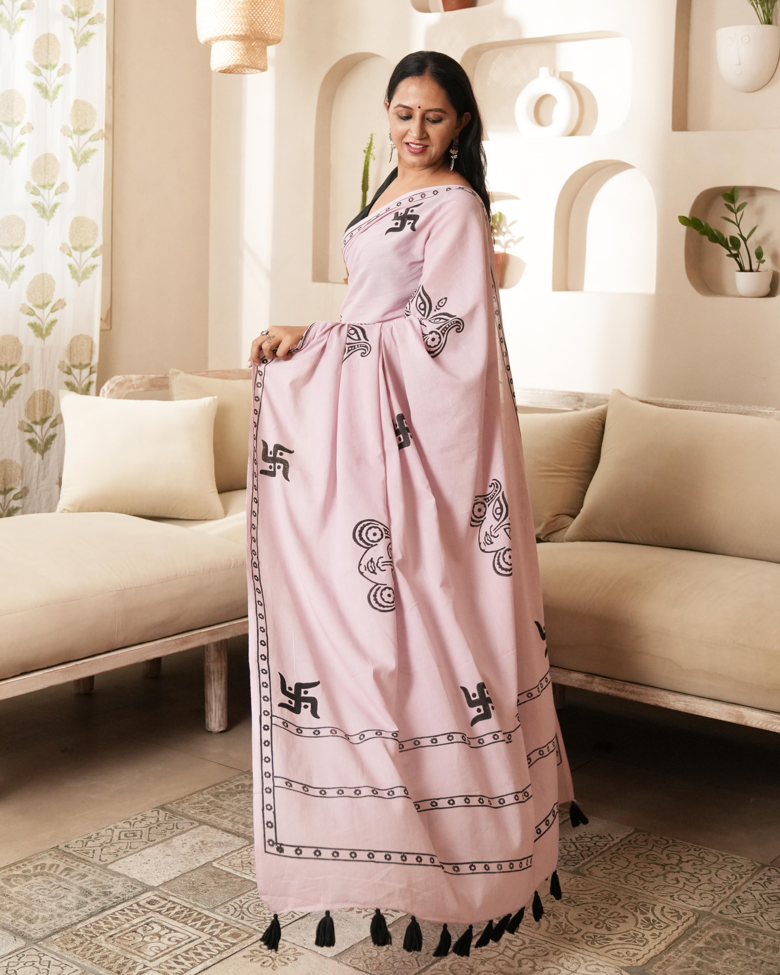 Rose Pink Swastik Hand Block Print Mul Saree with Tassels