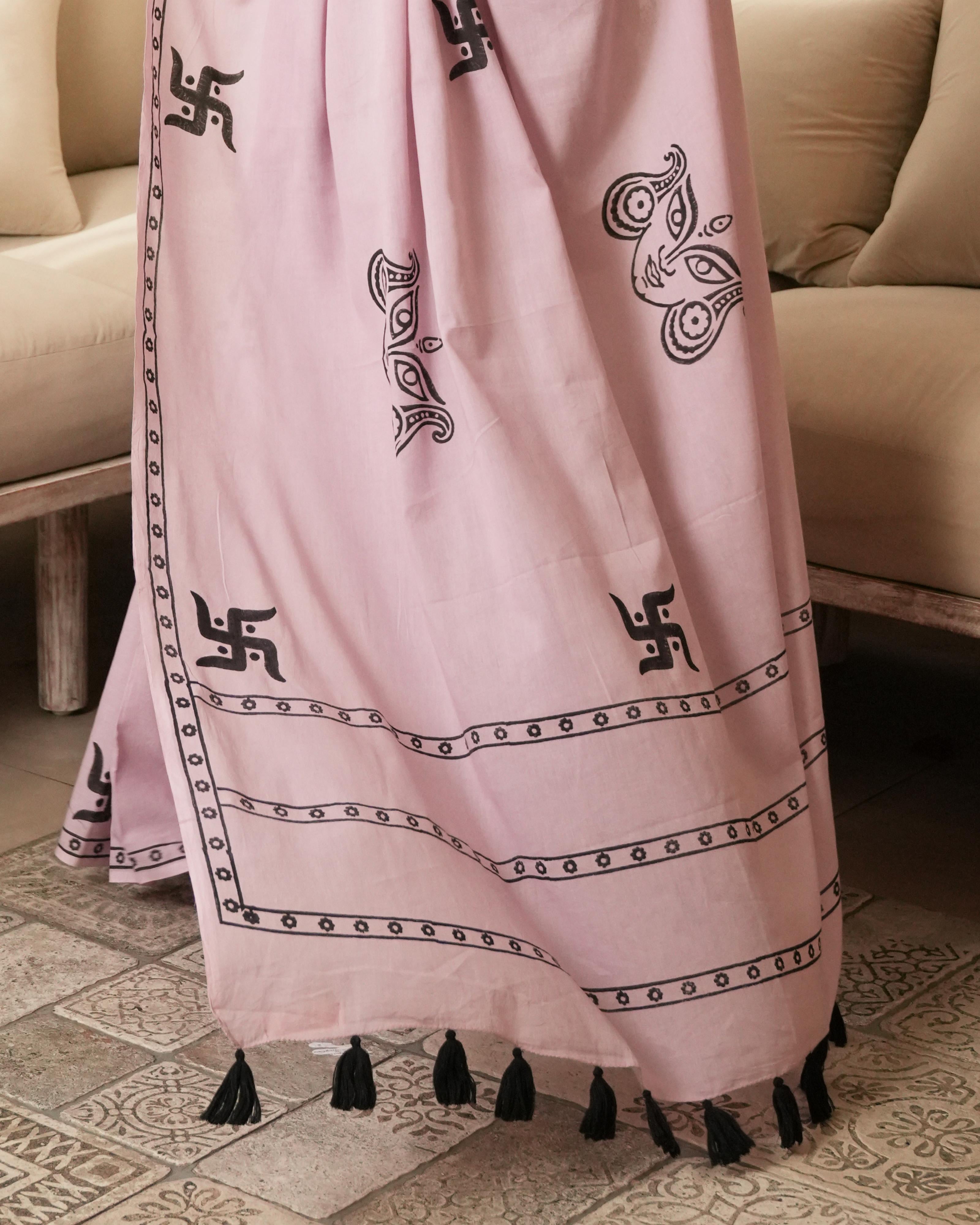 Rose Pink Swastik Hand Block Print Mul Saree with Tassels