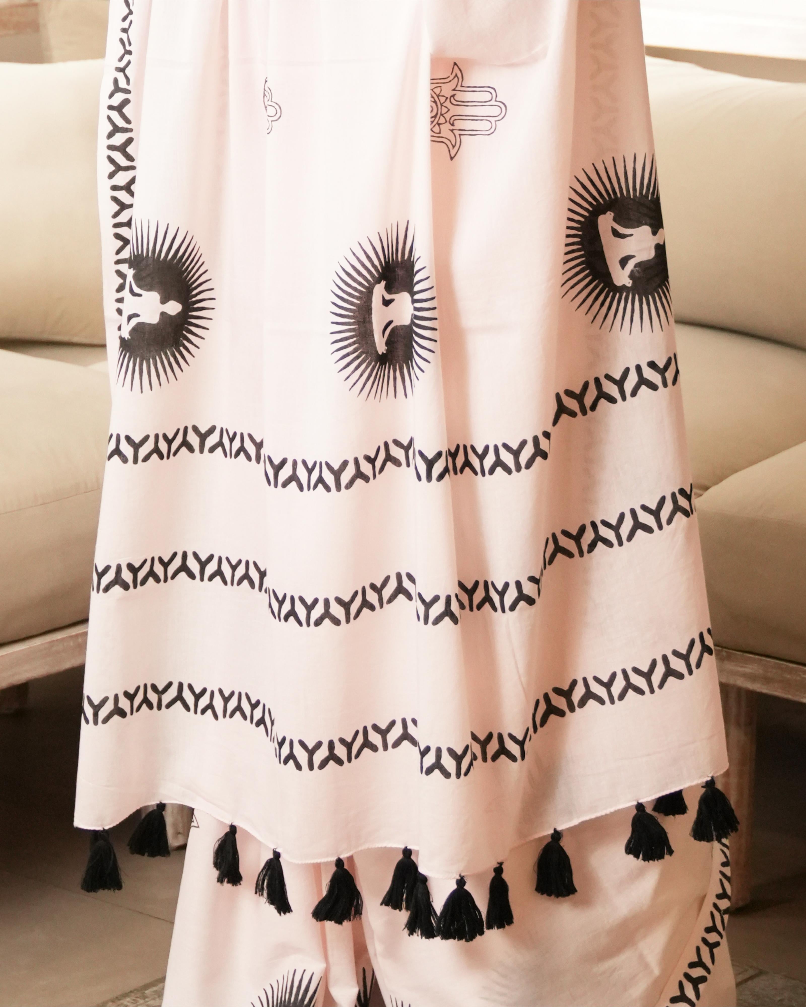 Soft Pink Spiritual Hand Block Print Mul Saree with Tassels