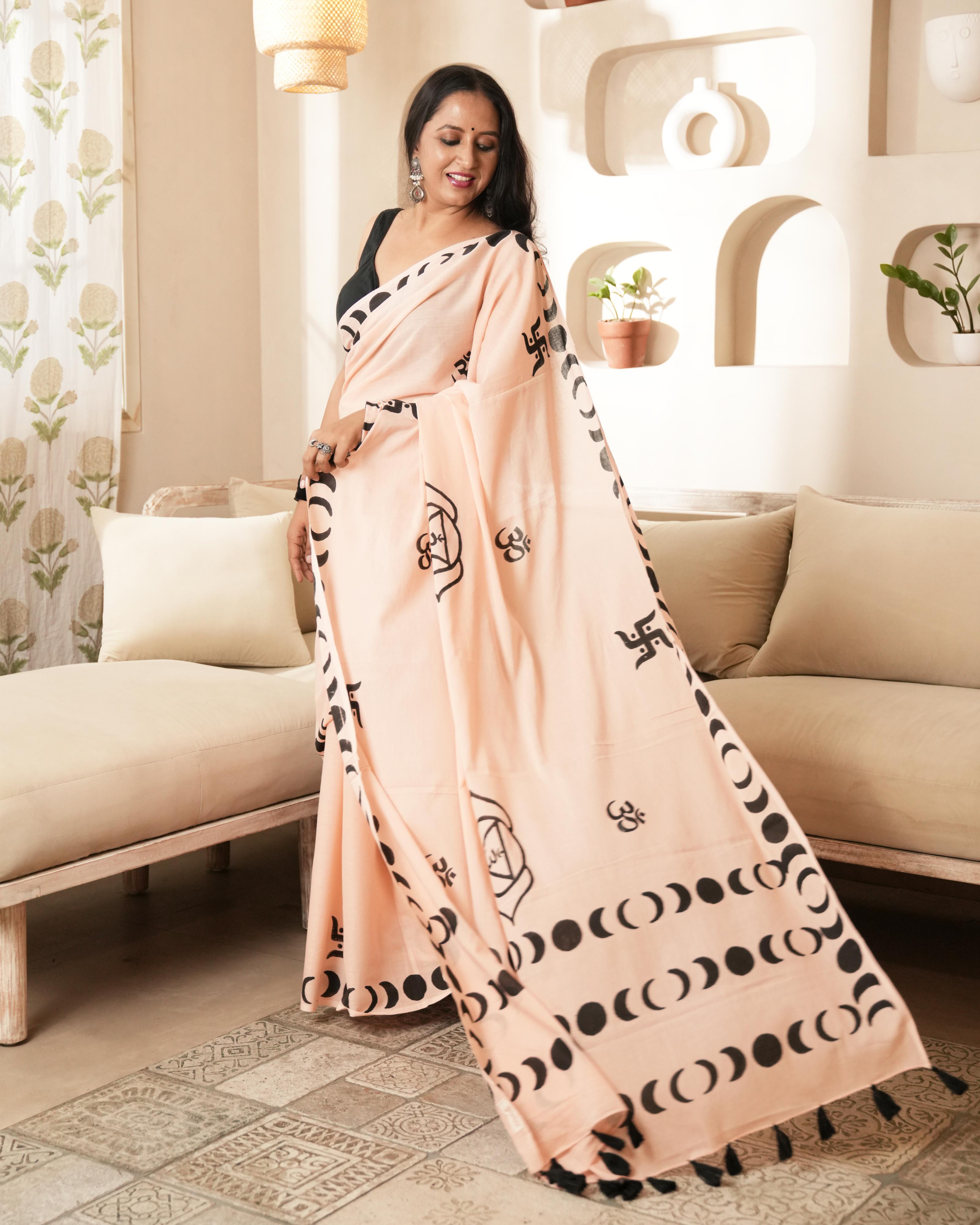 Peach Crescent & Om Hand Block Print Mul Saree with Tassels