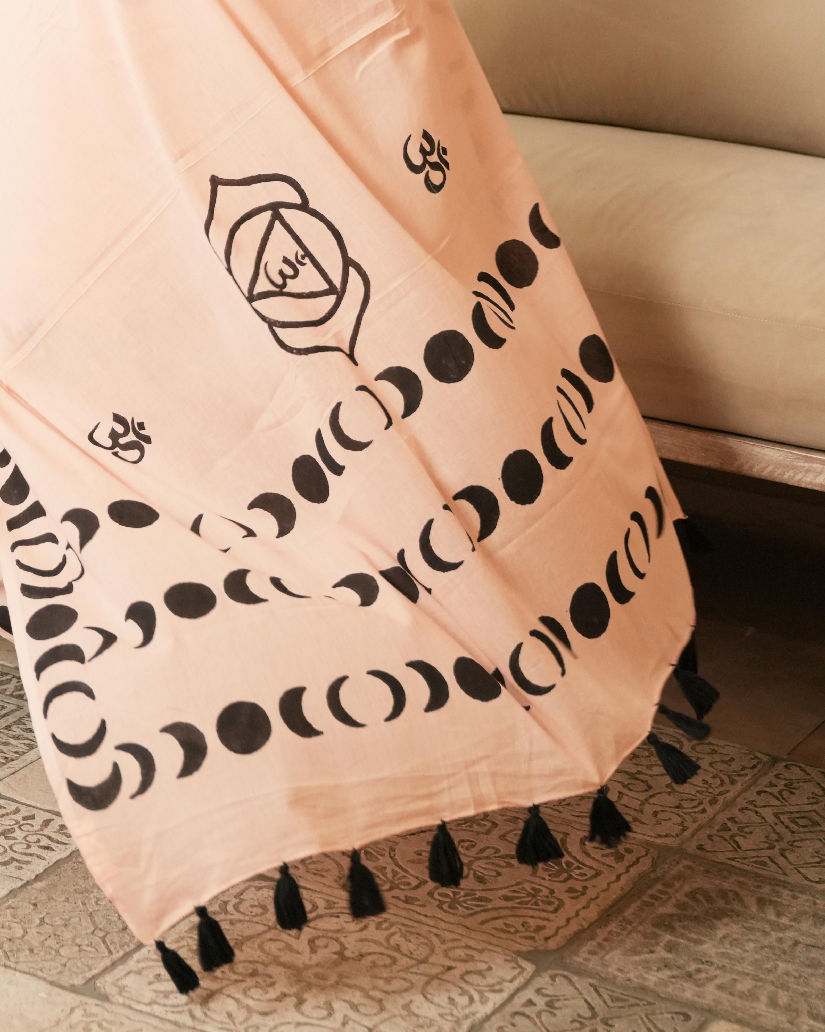 Peach Crescent & Om Hand Block Print Mul Saree with Tassels
