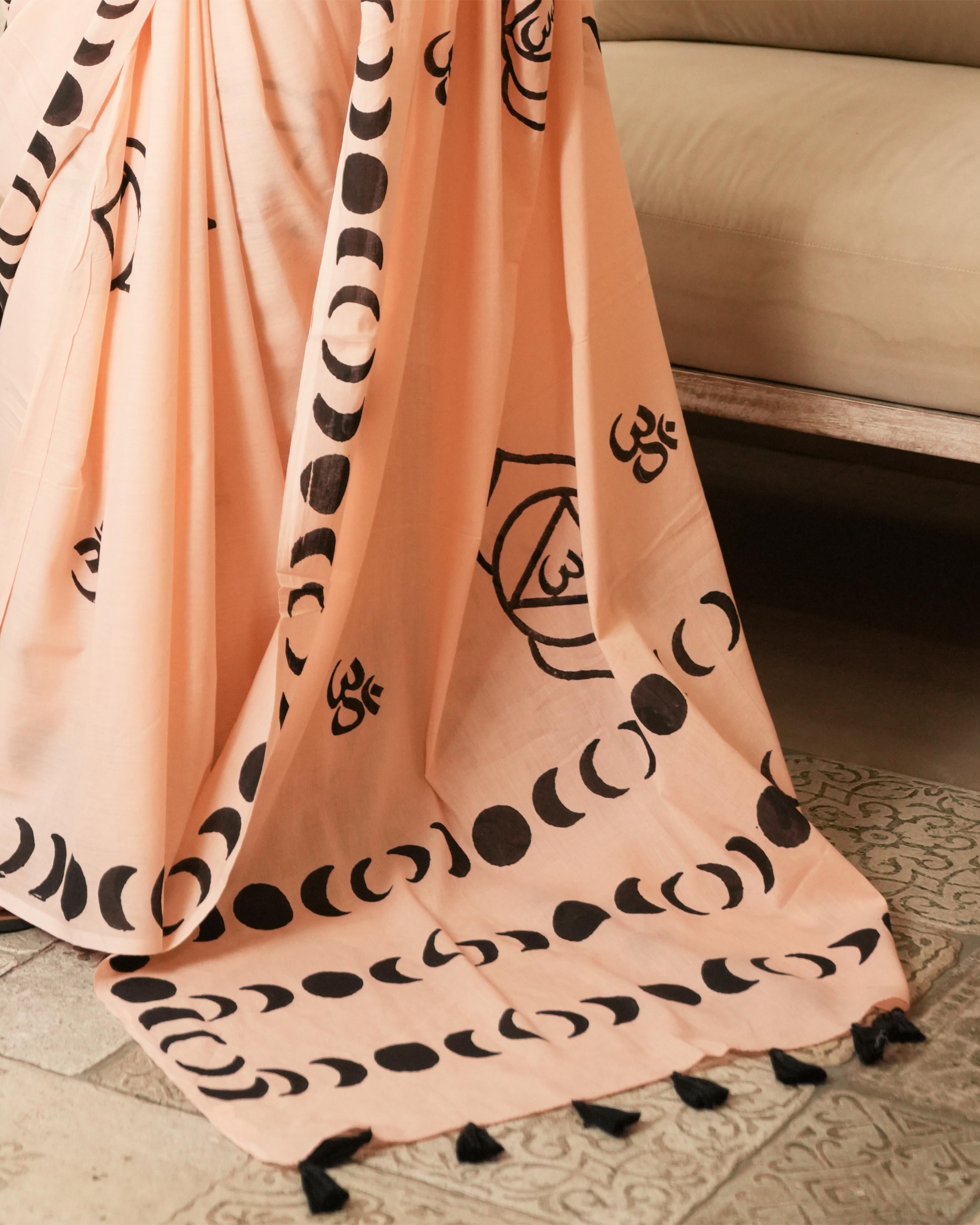 Peach Crescent & Om Hand Block Print Mul Saree with Tassels