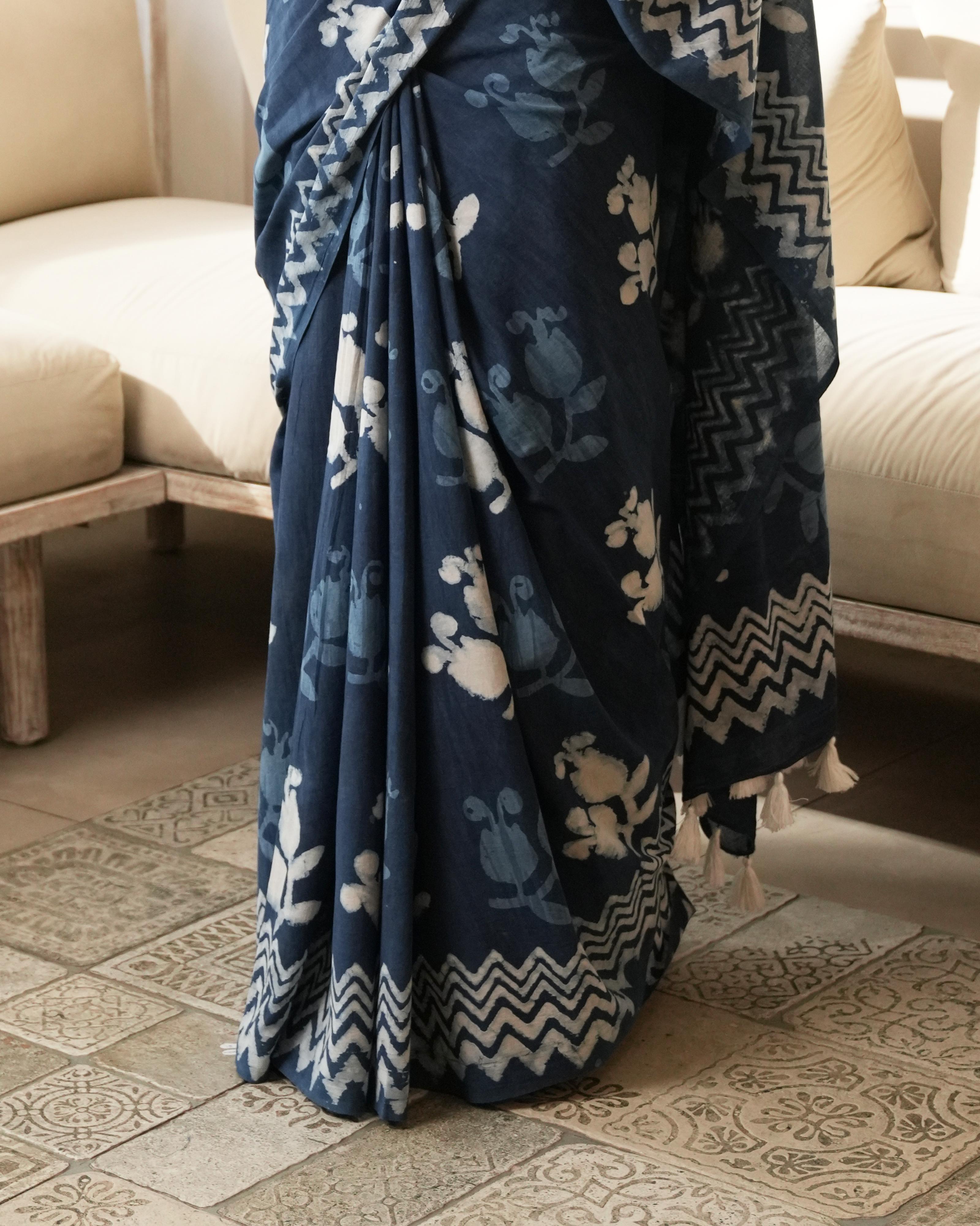 Indigo Dabu Butta Print Mul Saree