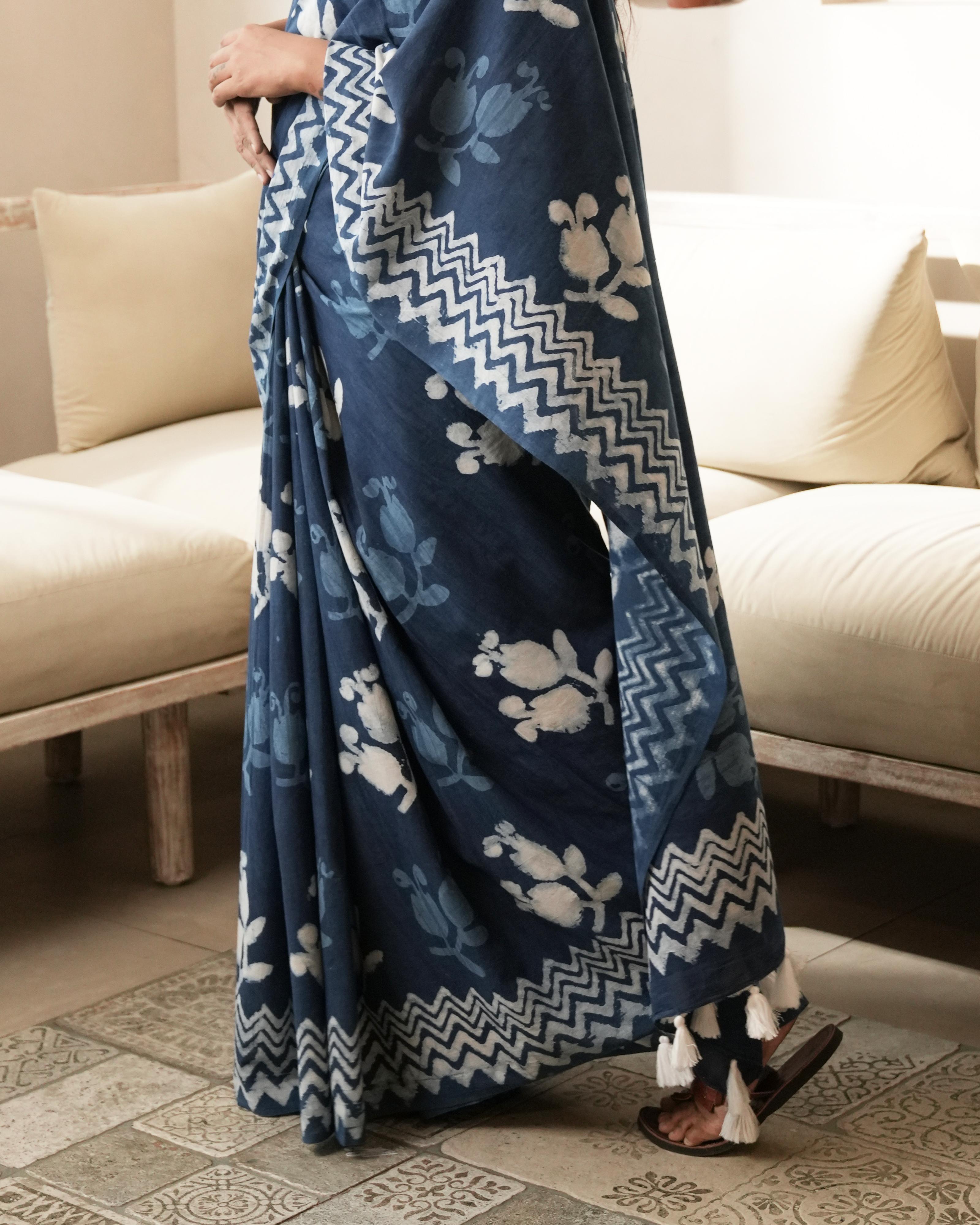Indigo Dabu Butta Print Mul Saree
