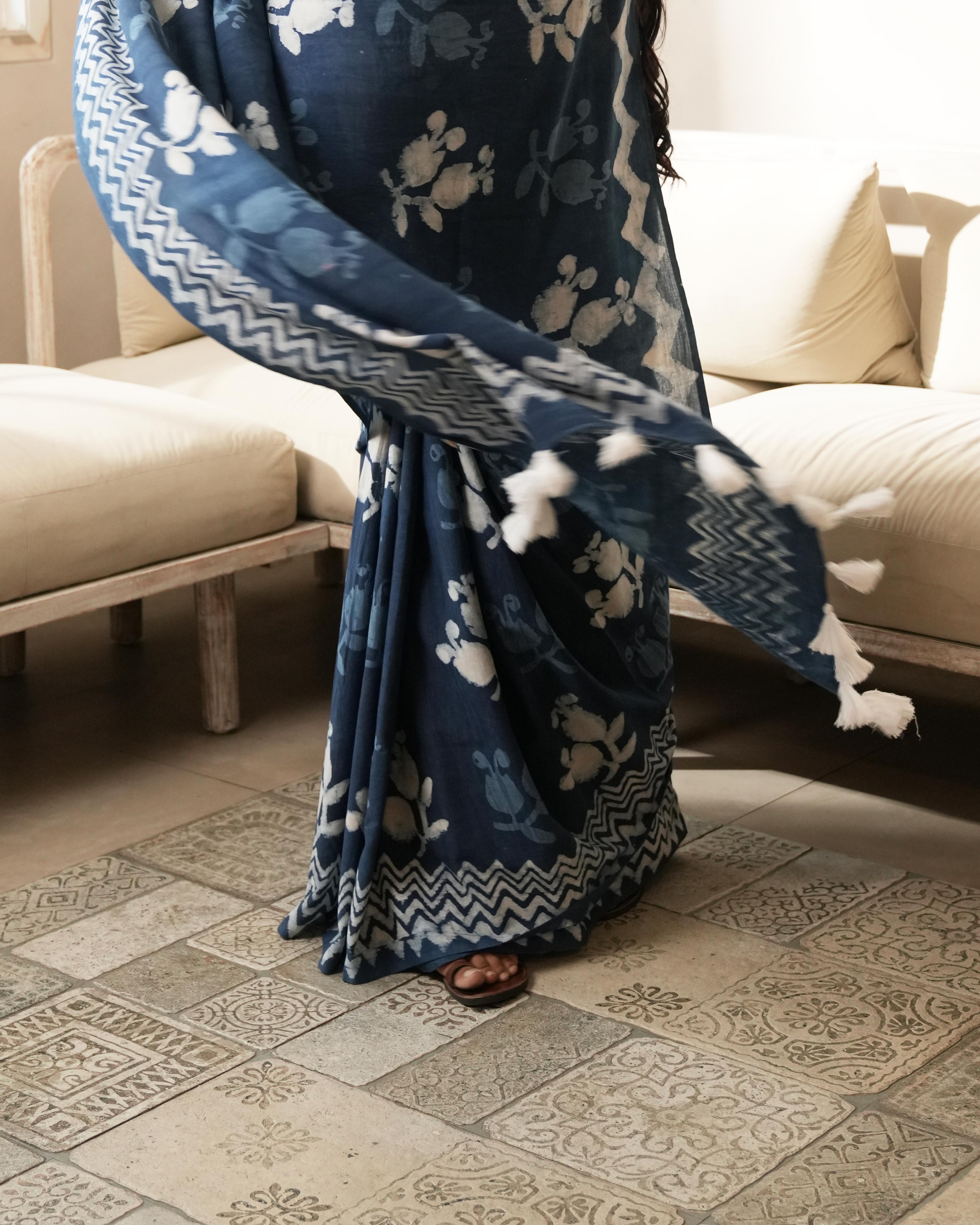 Indigo Dabu Butta Print Mul Saree