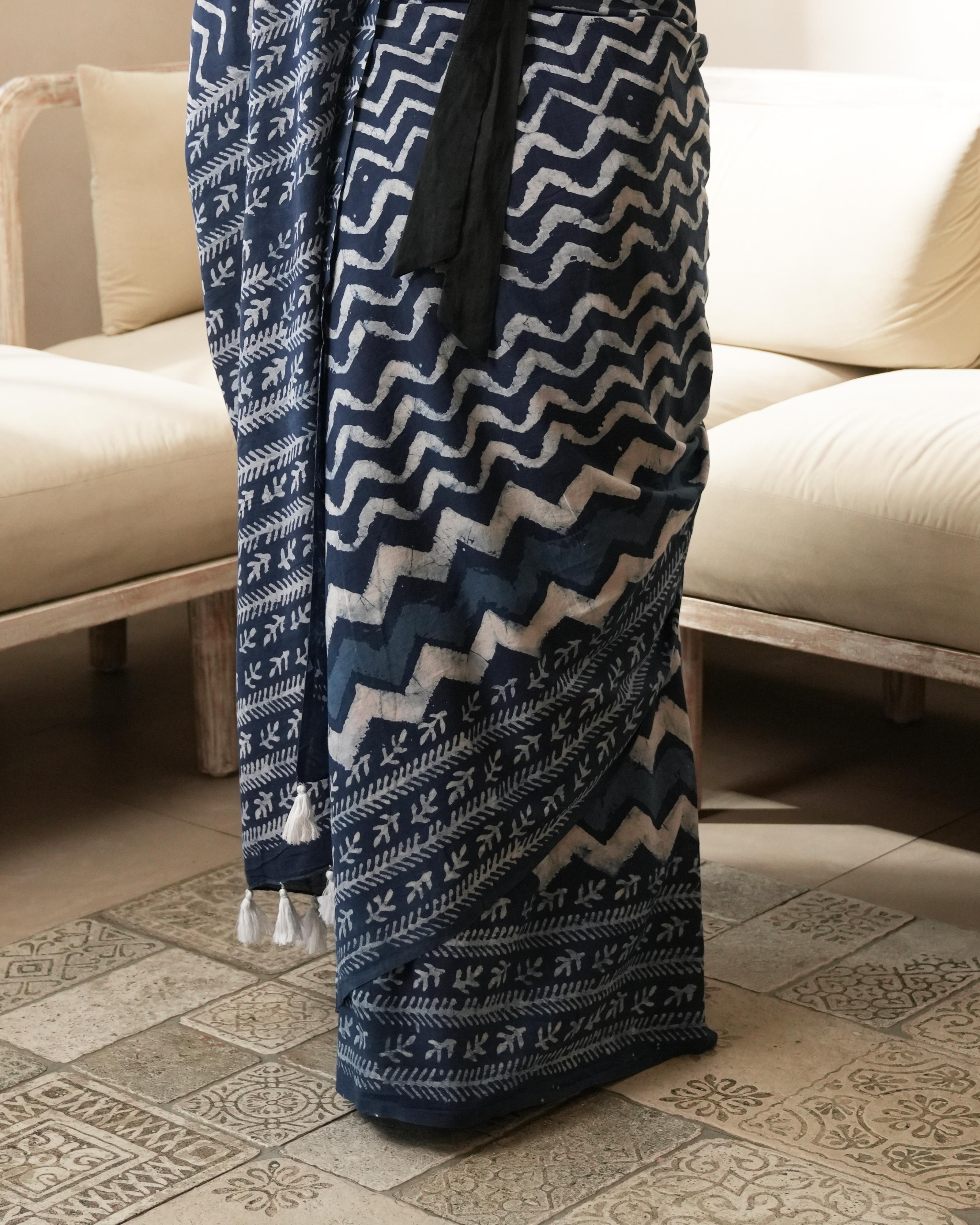 Indigo Wave Dabu Print Mul Cotton Saree