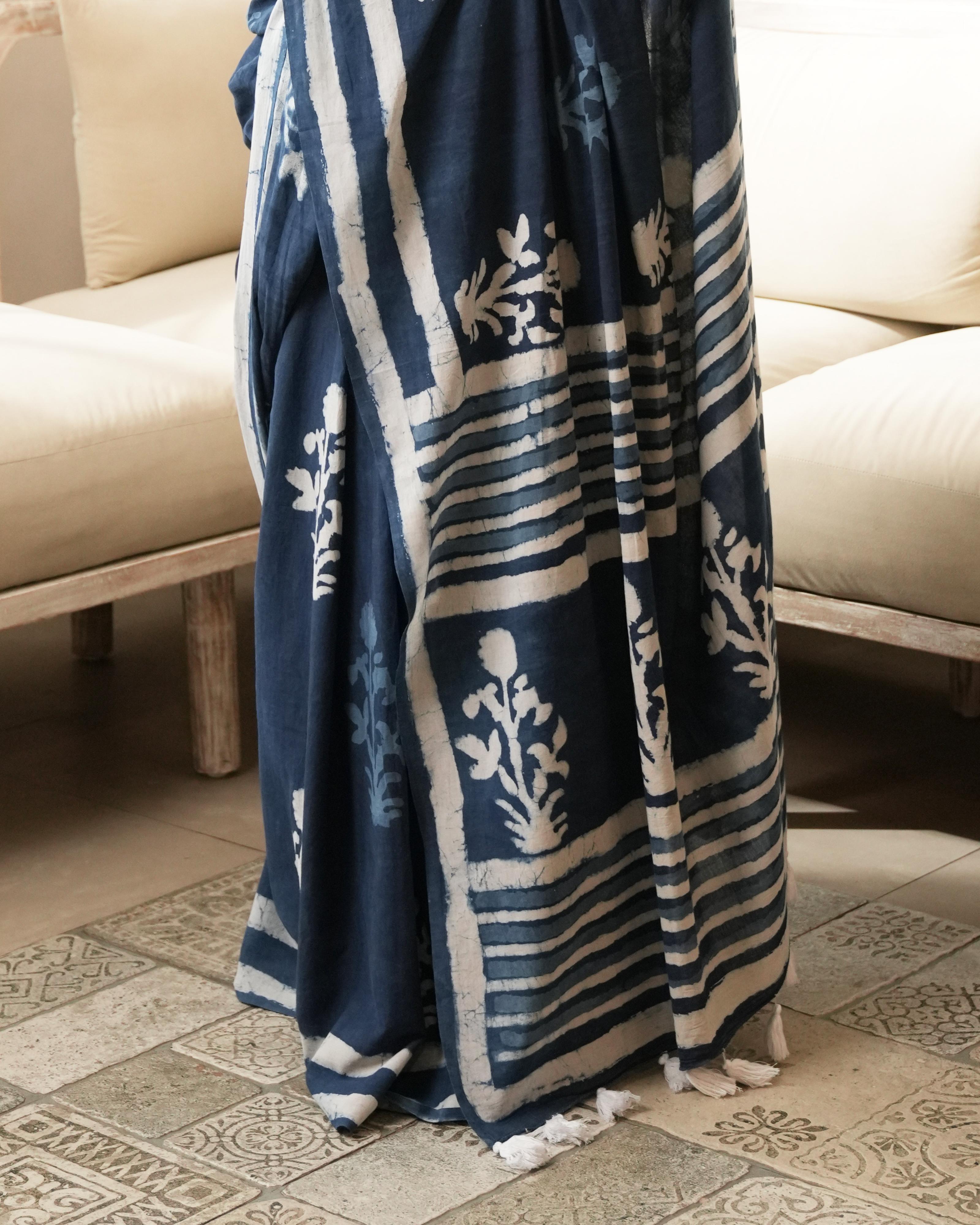 Indigo Mughal Butta Dabu Print Mul Saree