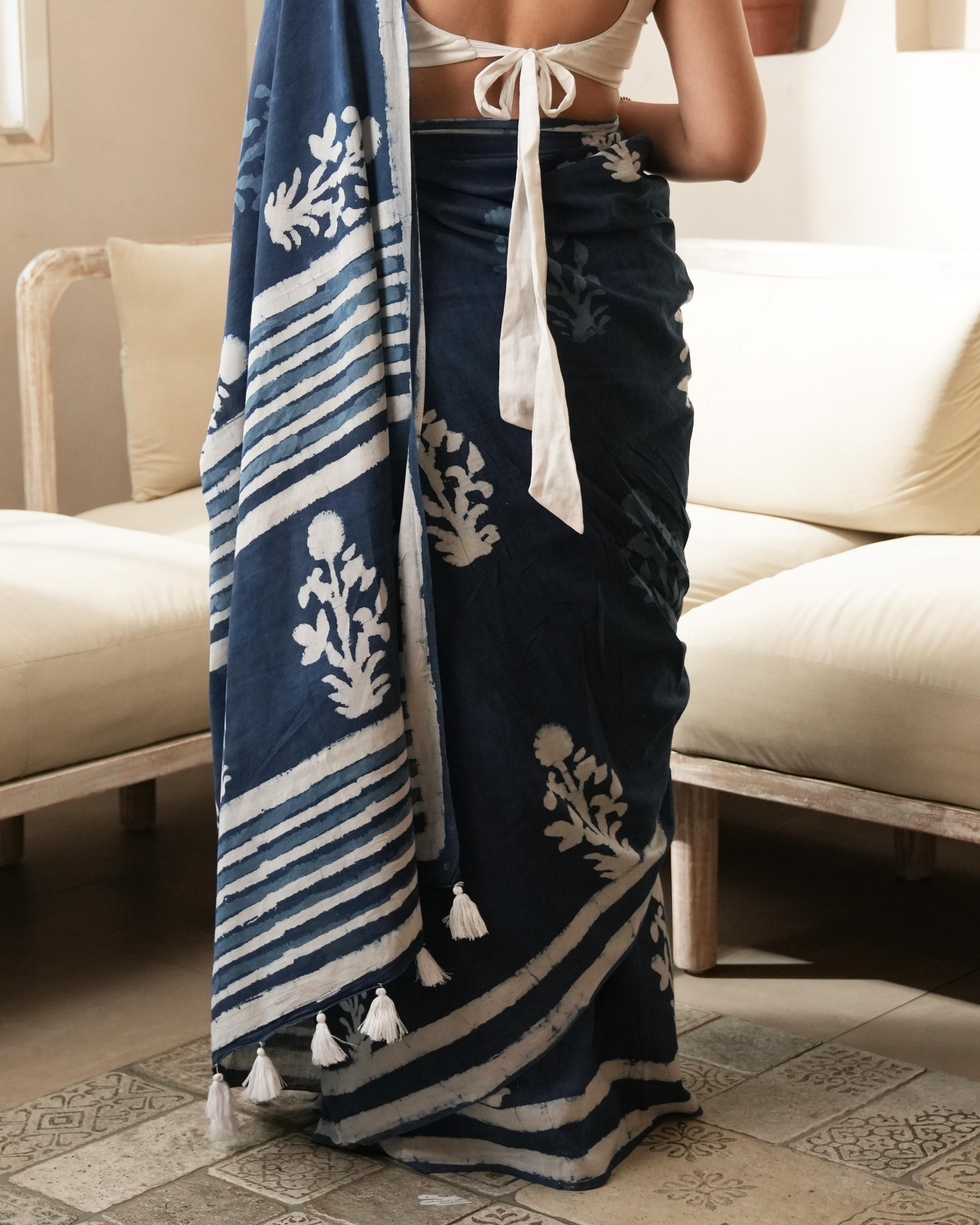 Indigo Mughal Butta Dabu Print Mul Saree