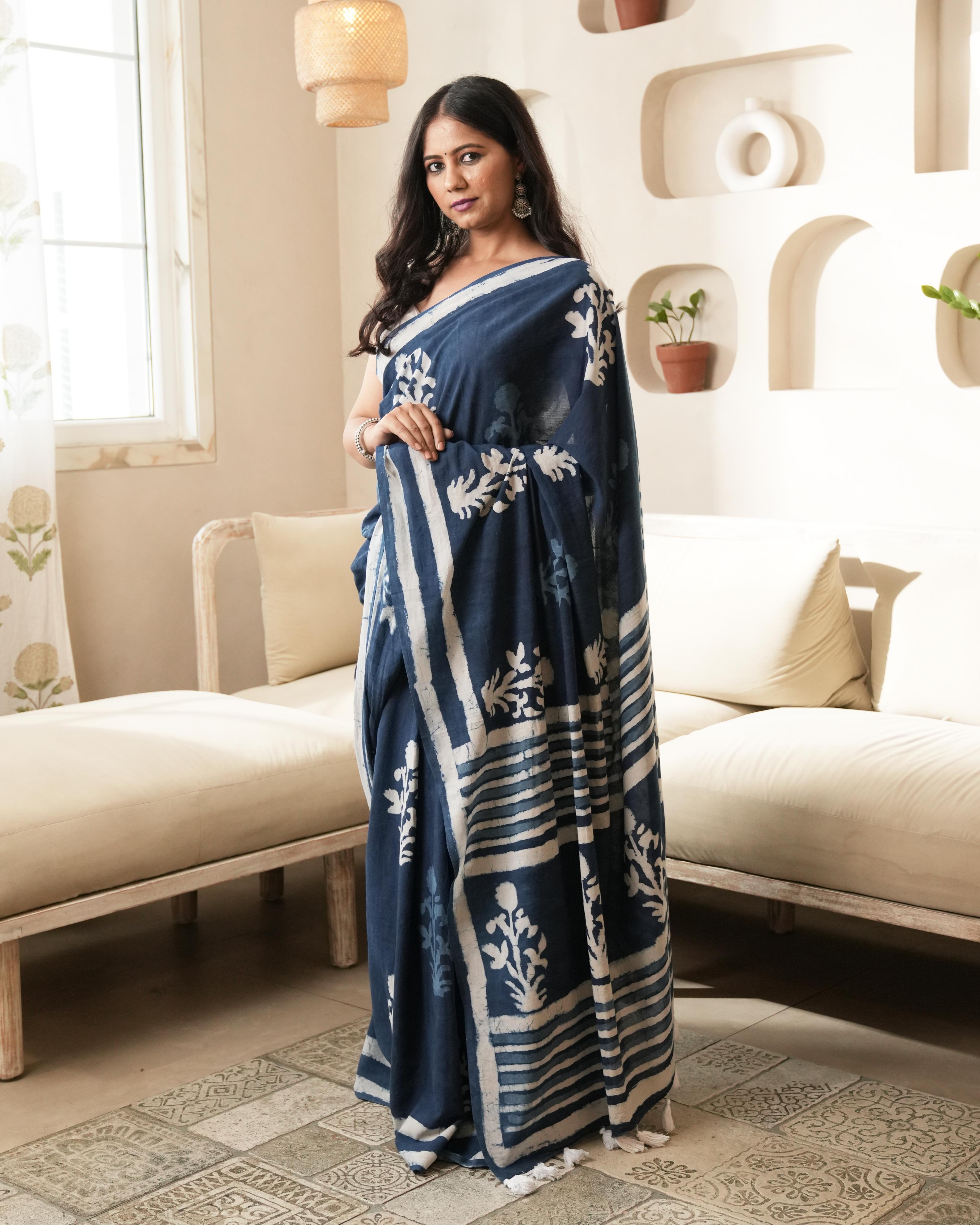 Indigo Mughal Butta Dabu Print Mul Saree
