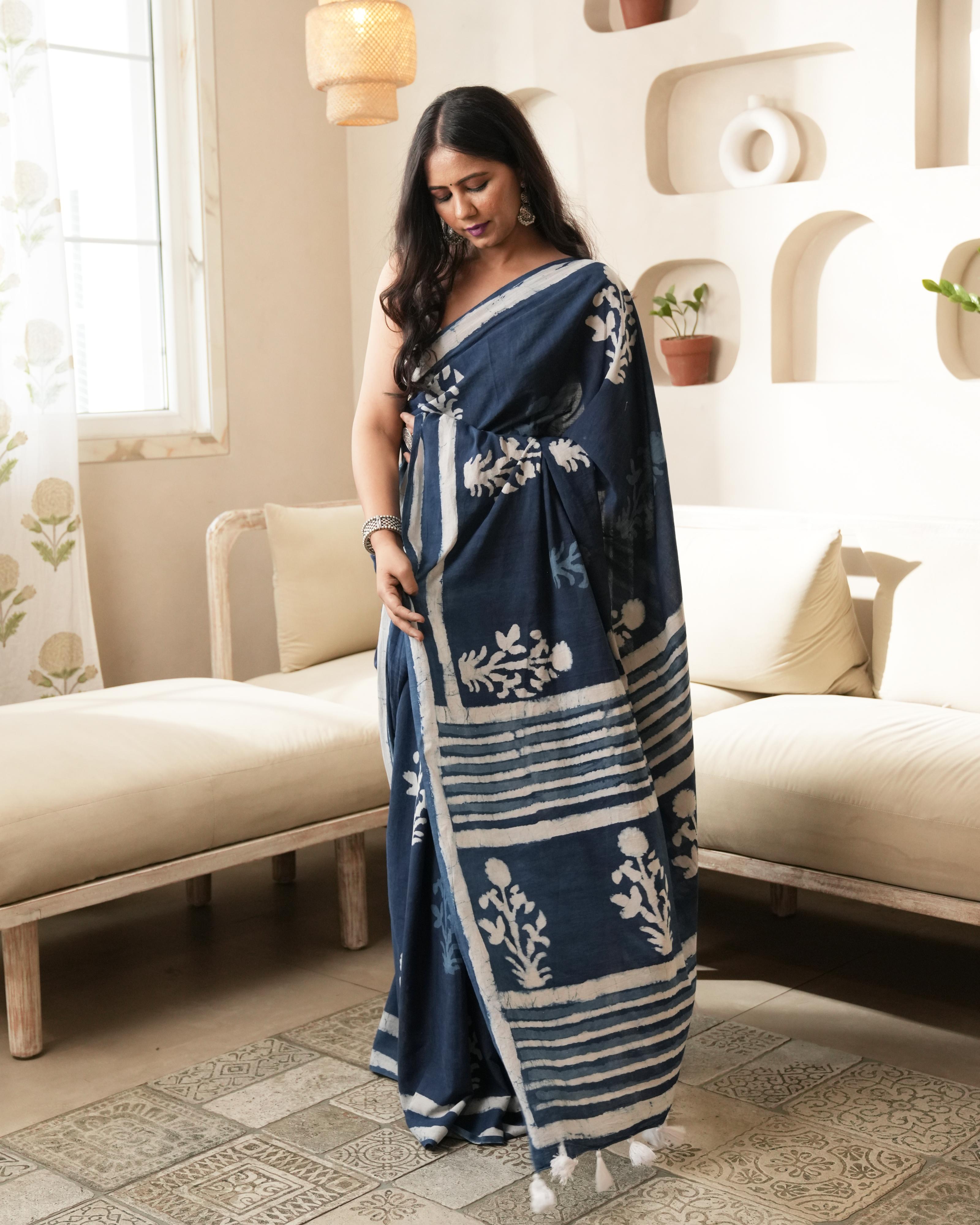 Indigo Mughal Butta Dabu Print Mul Saree