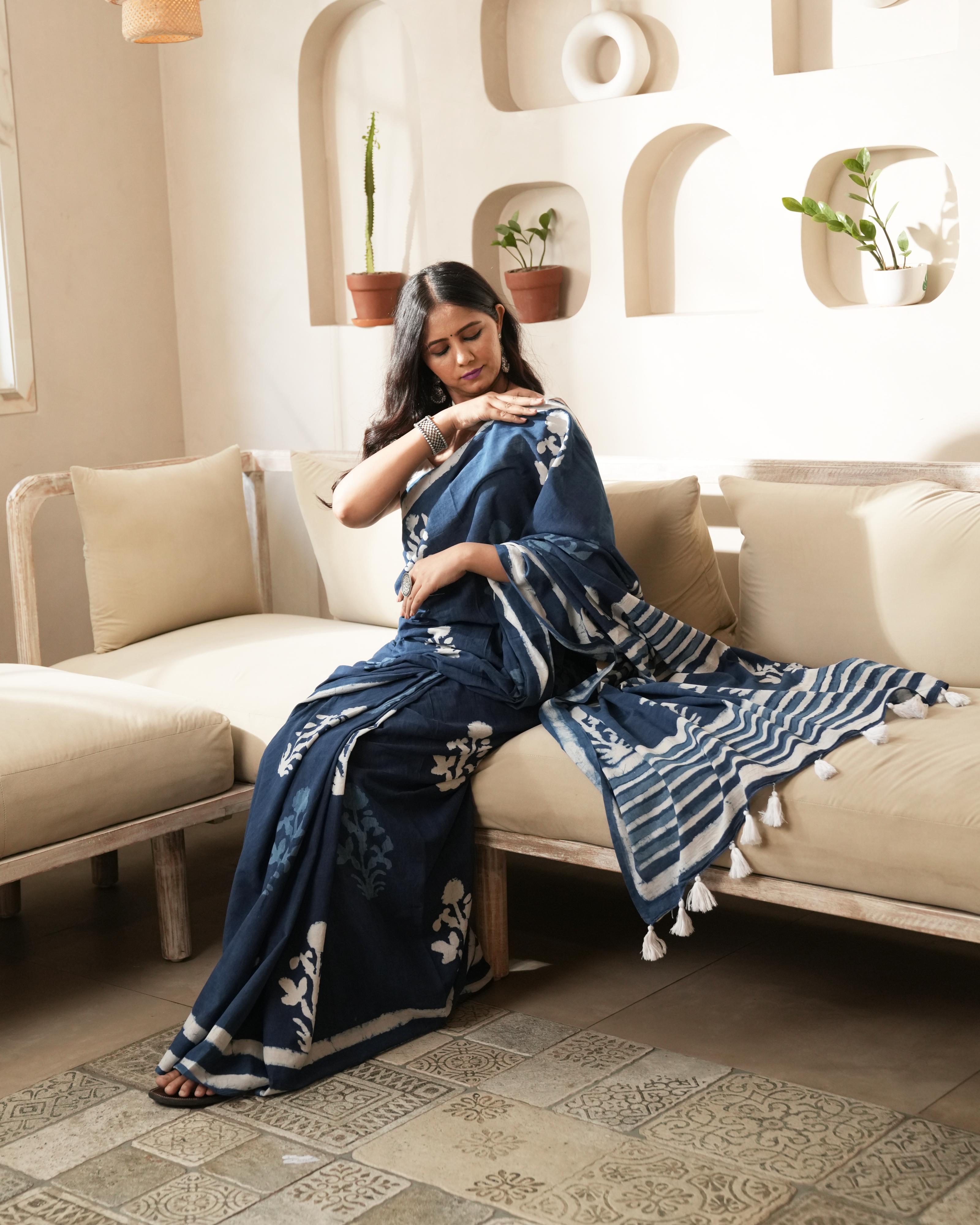 Indigo Mughal Butta Dabu Print Mul Saree