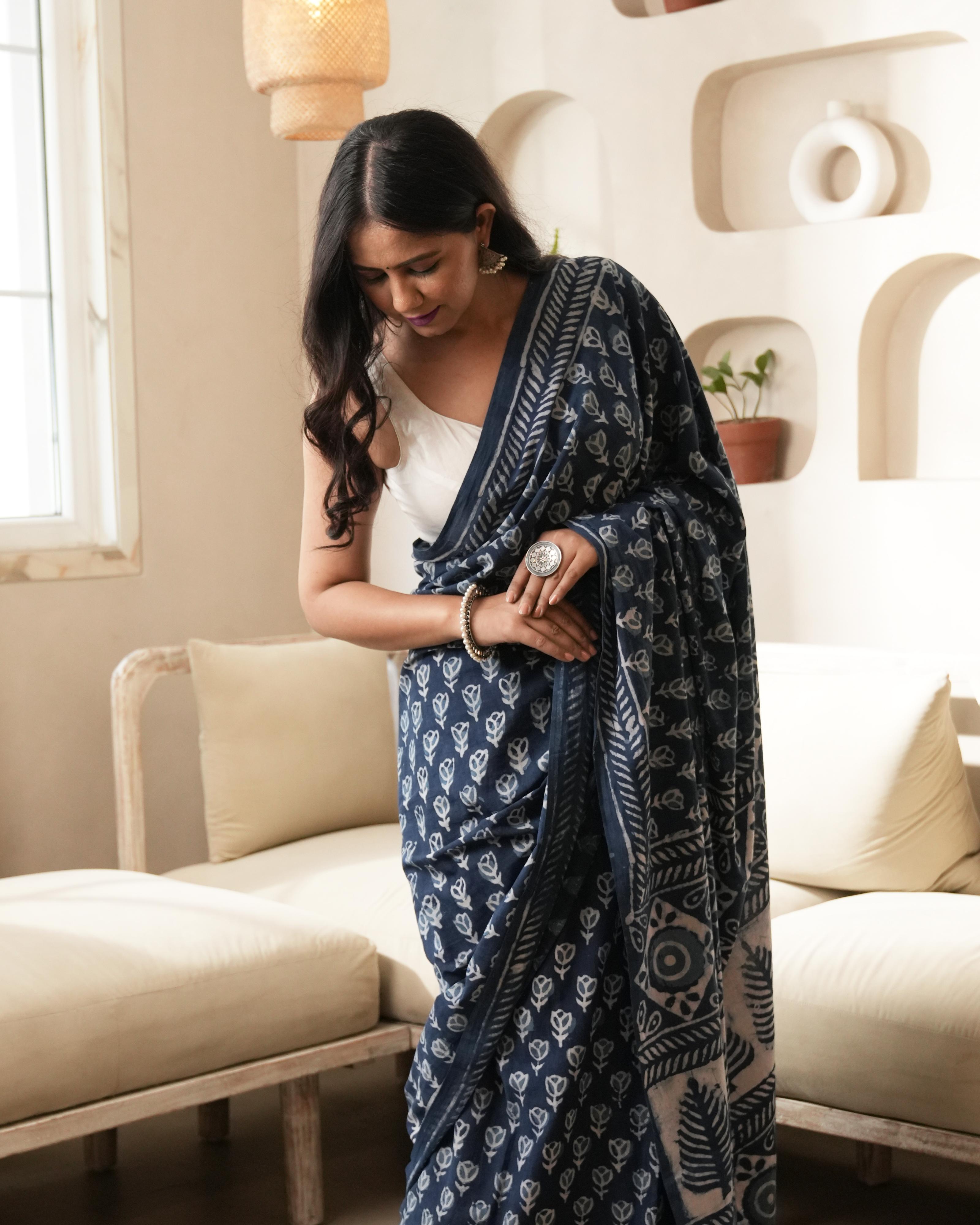 Indigo Dabu Butti Print Mul Saree