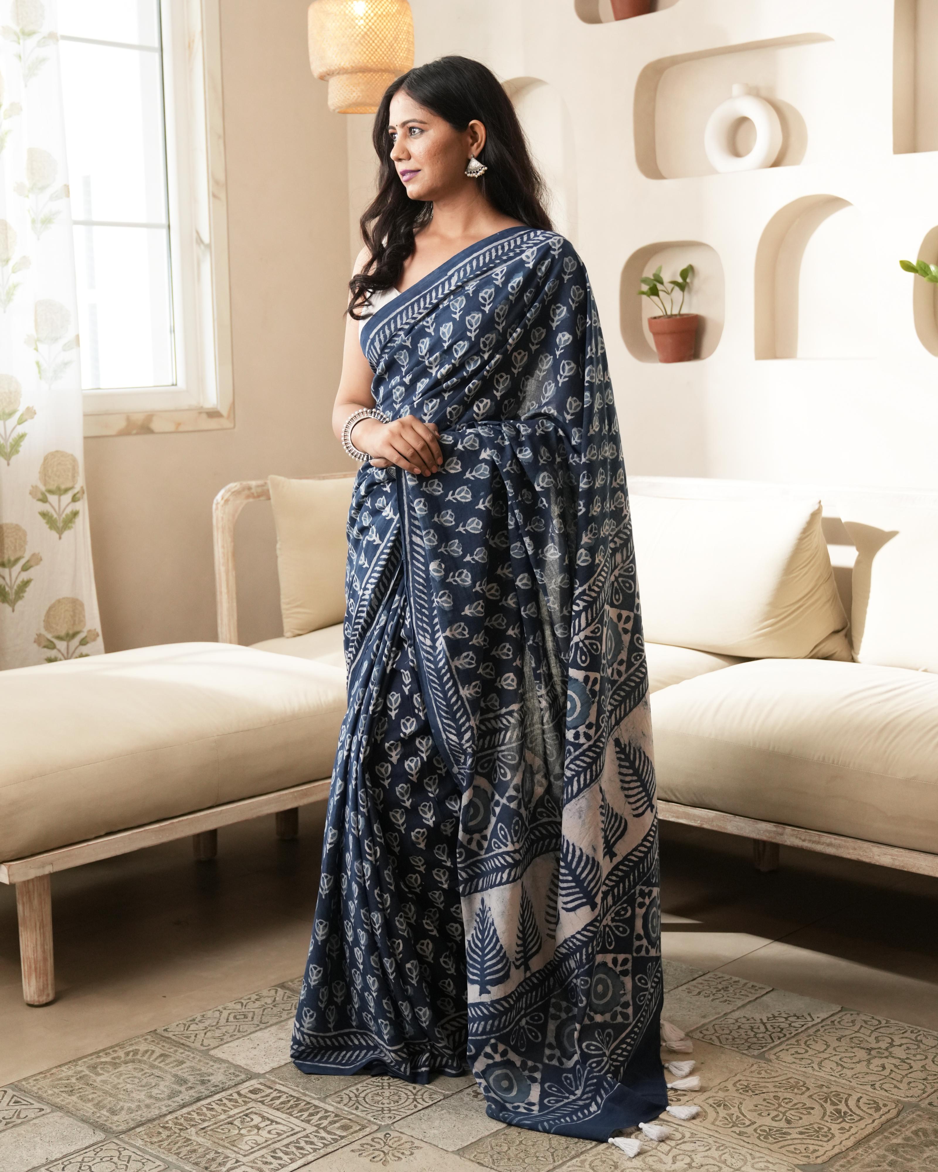 Indigo Dabu Butti Print Mul Saree