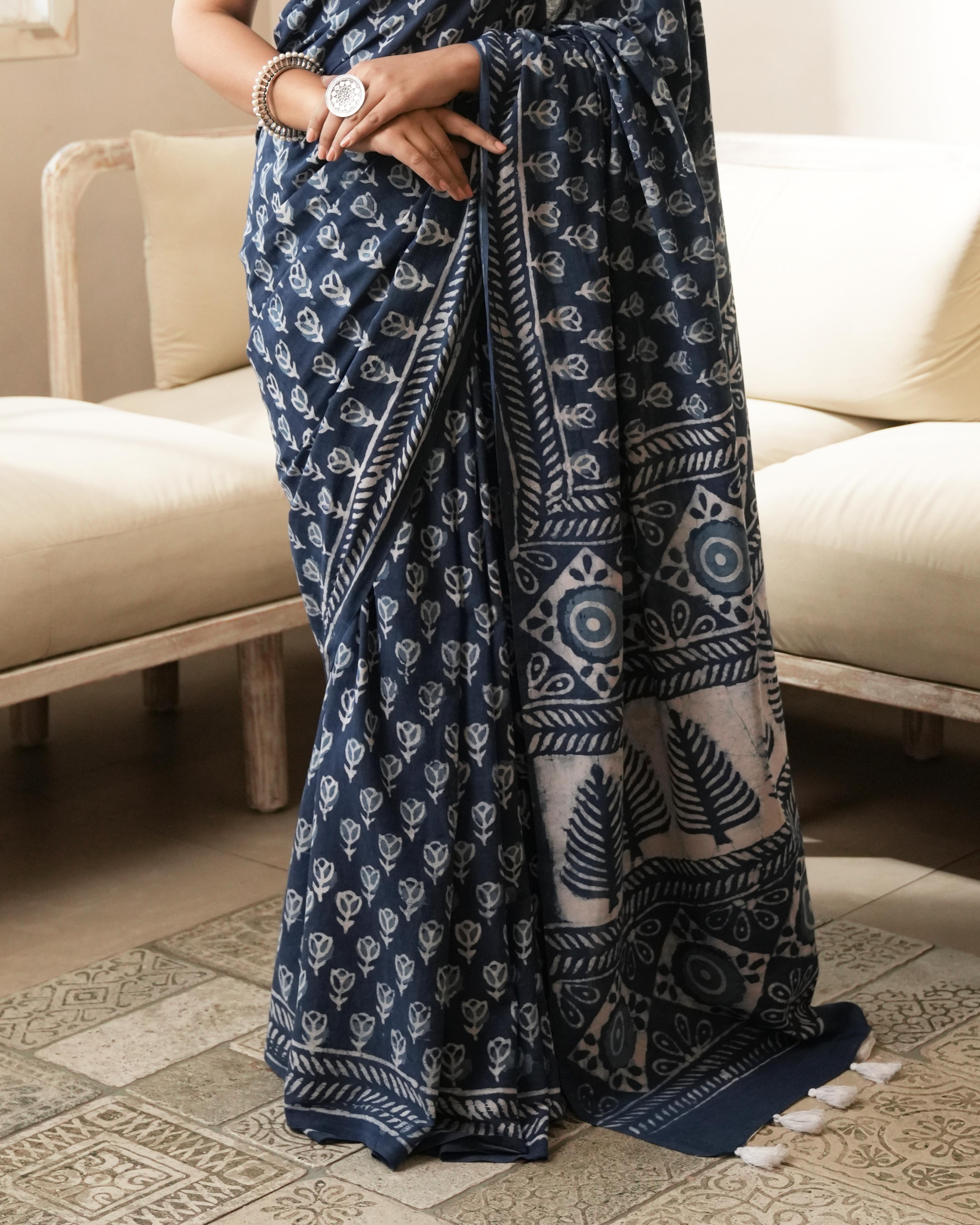Indigo Dabu Butti Print Mul Saree