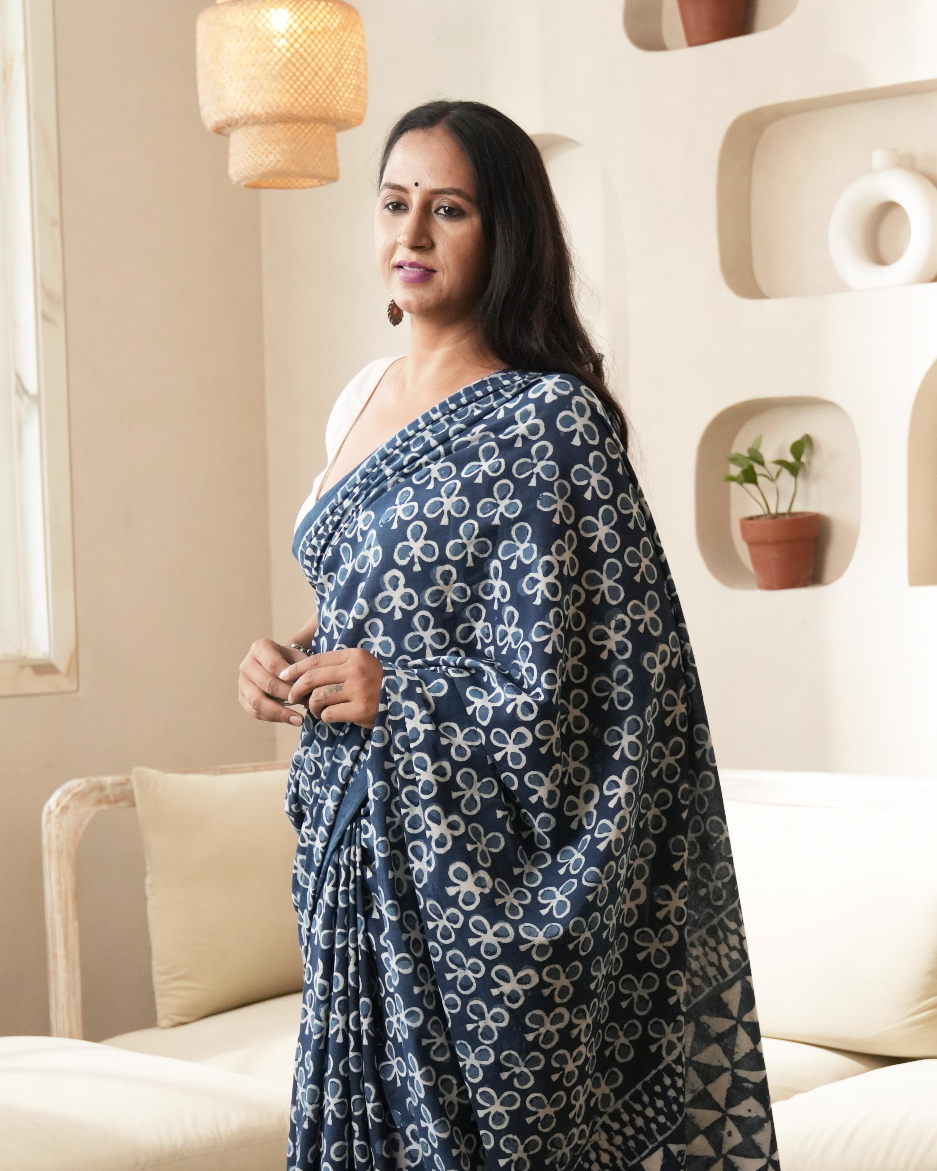 Indigo Traditional Dabu Print Mul Saree