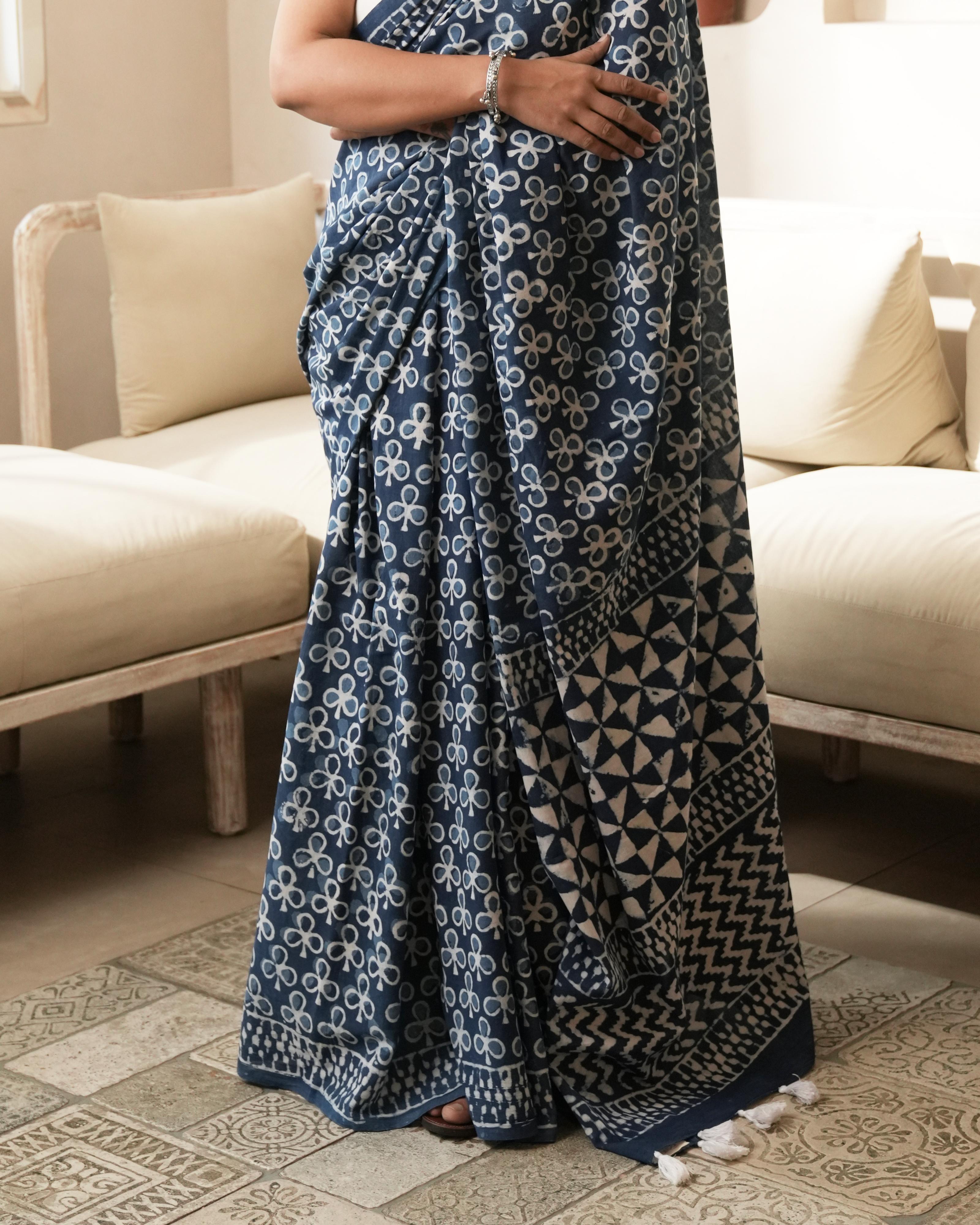 Indigo Traditional Dabu Print Mul Saree