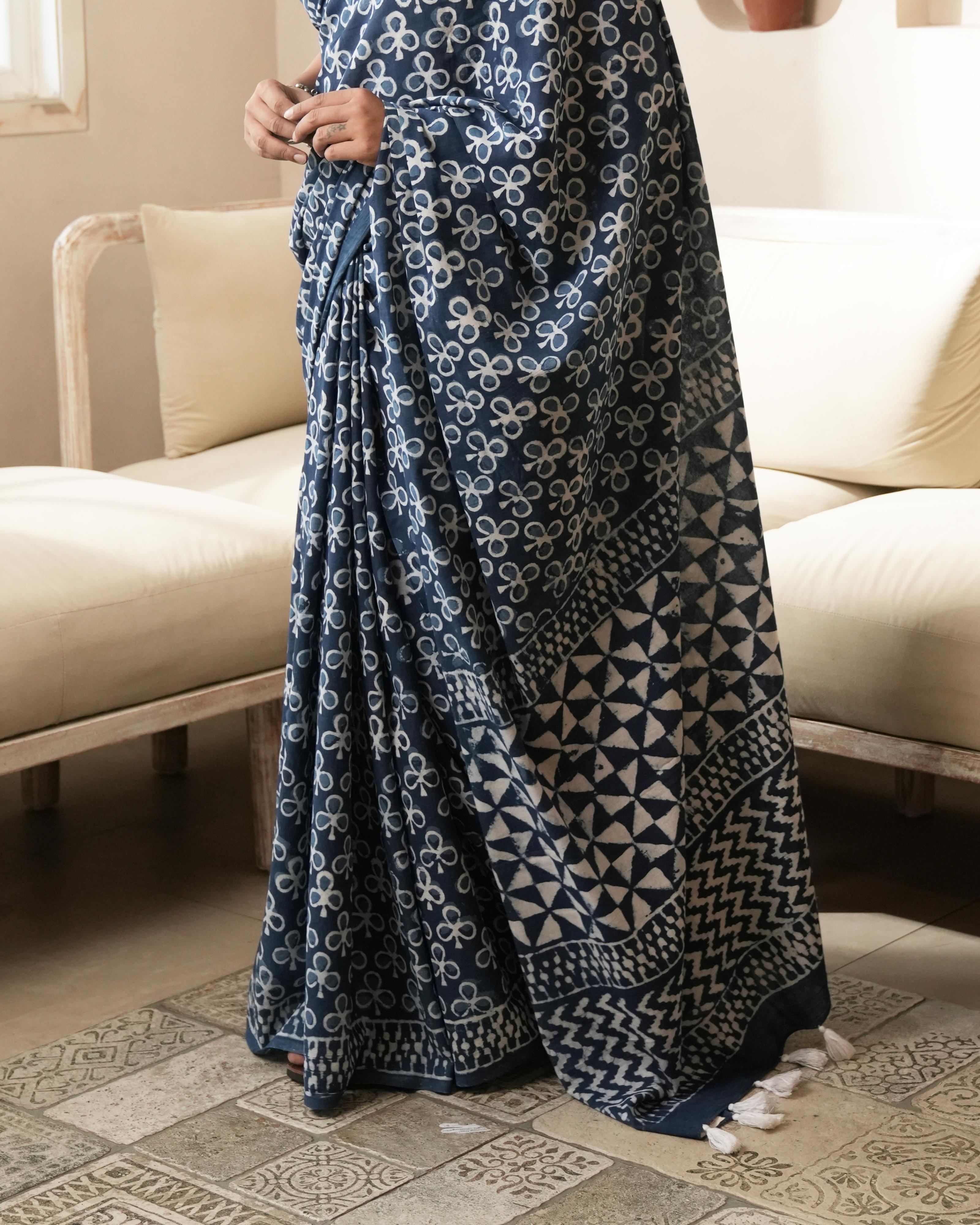 Indigo Traditional Dabu Print Mul Saree