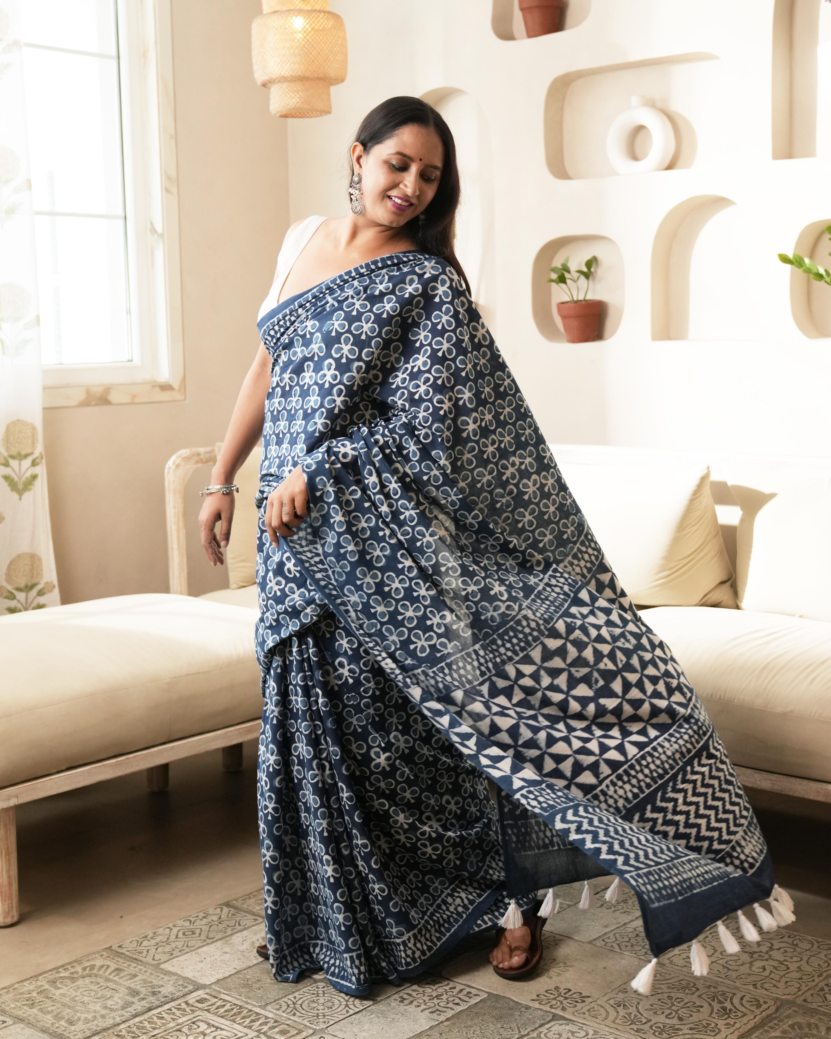 Indigo Traditional Dabu Print Mul Saree