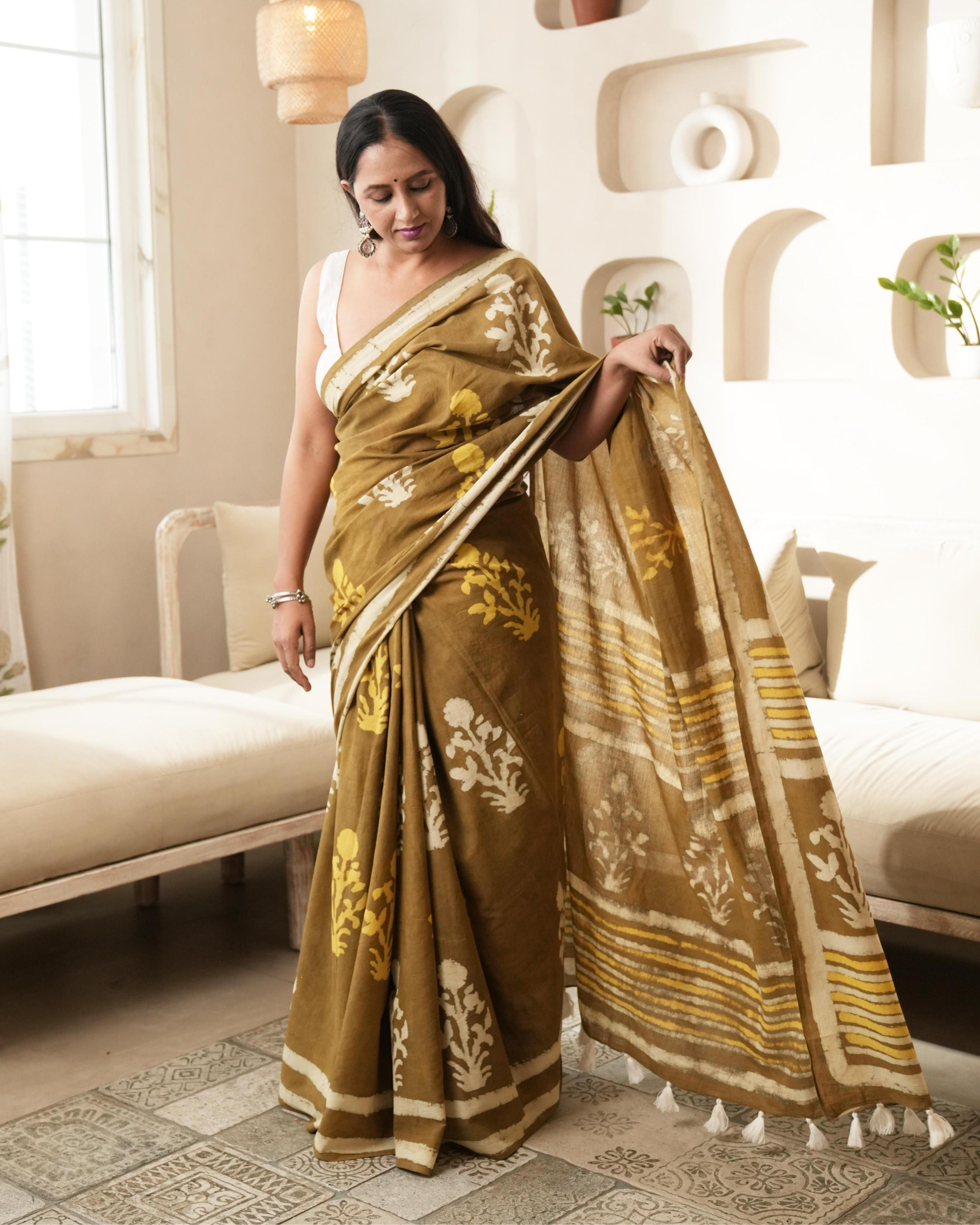 Rustic Brown Mughal Butta Dabu Print Mul Saree