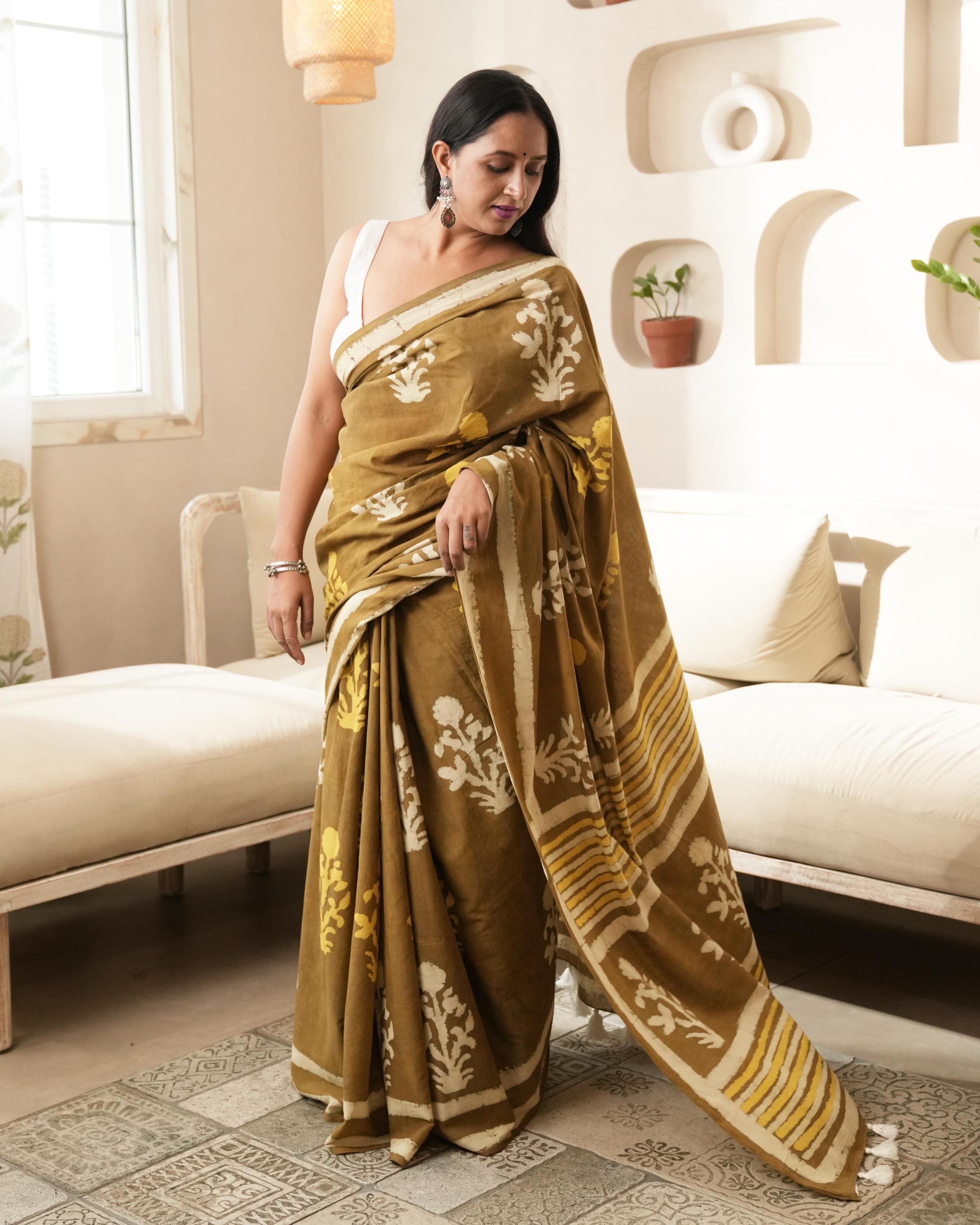 Rustic Brown Mughal Butta Dabu Print Mul Saree