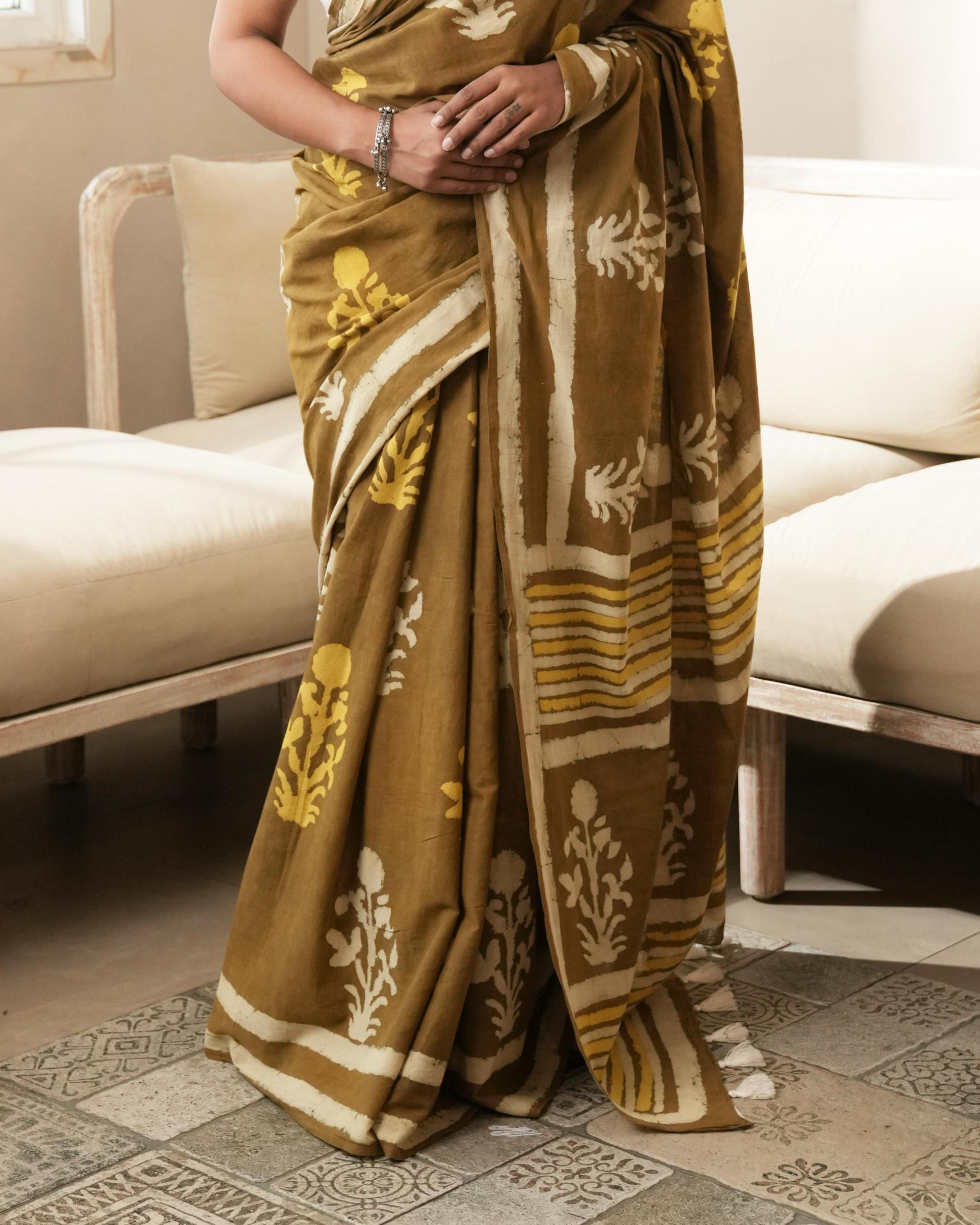 Rustic Brown Mughal Butta Dabu Print Mul Saree