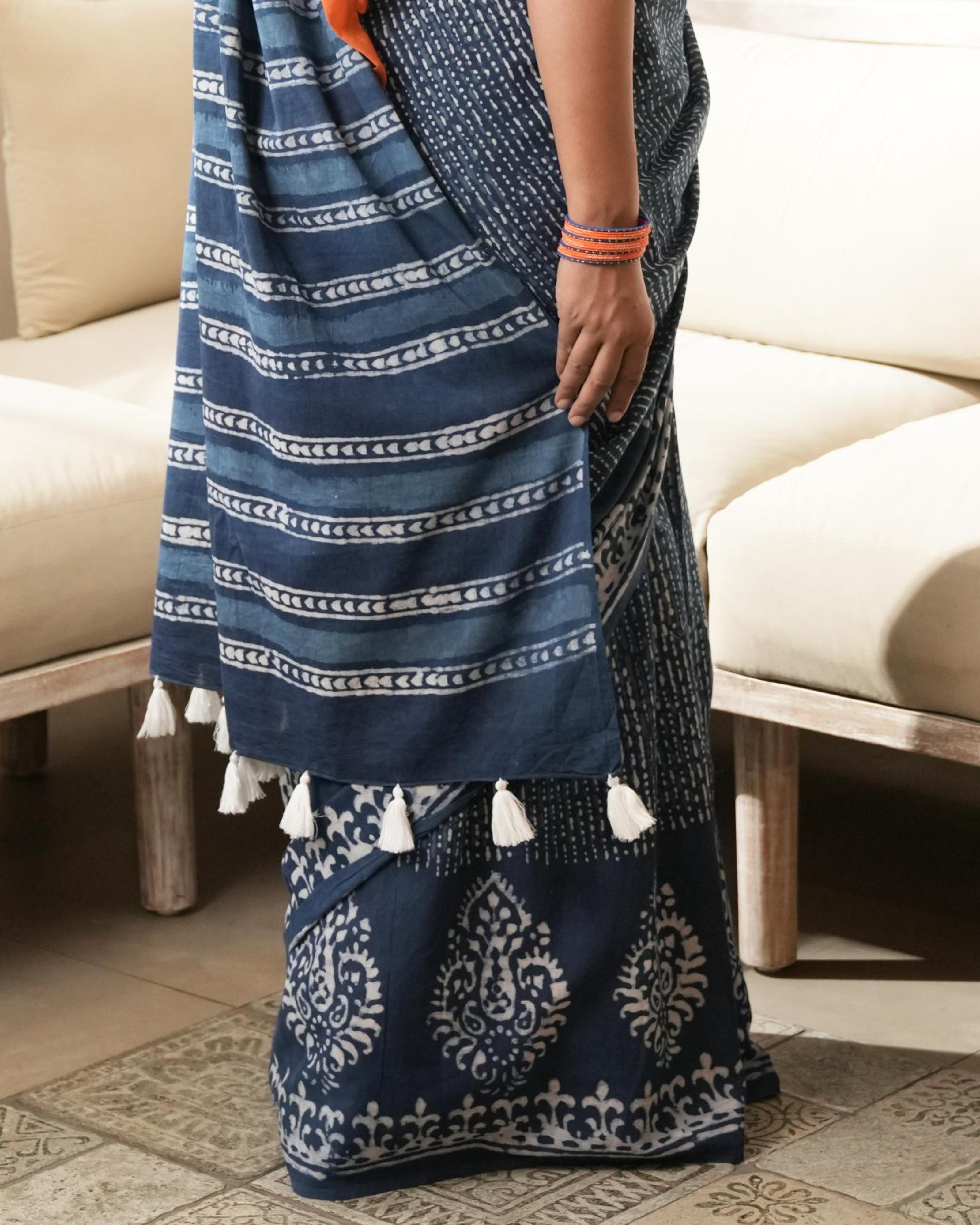 Indigo Tree Butta Dabu Print Mul Saree