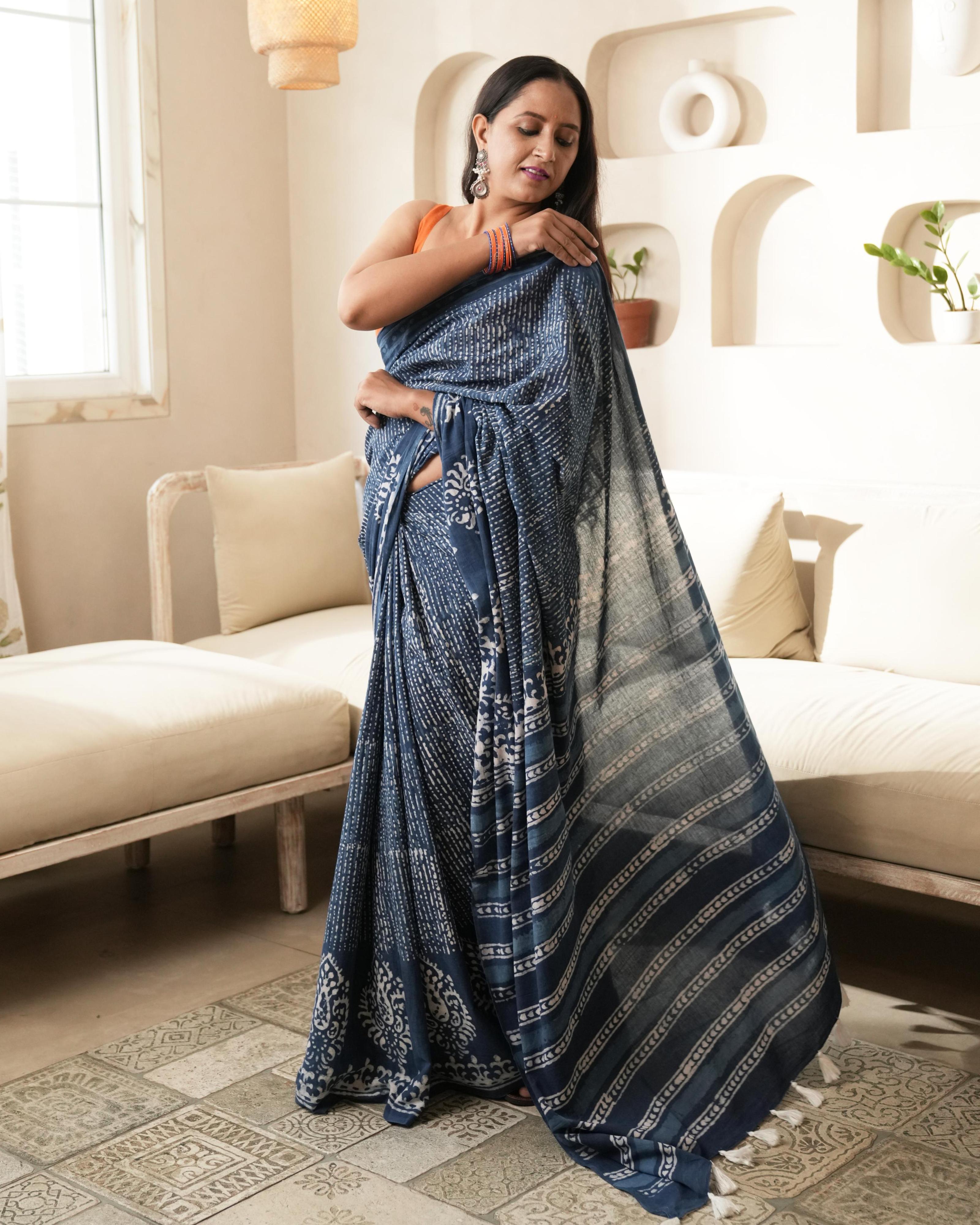 Indigo Tree Butta Dabu Print Mul Saree