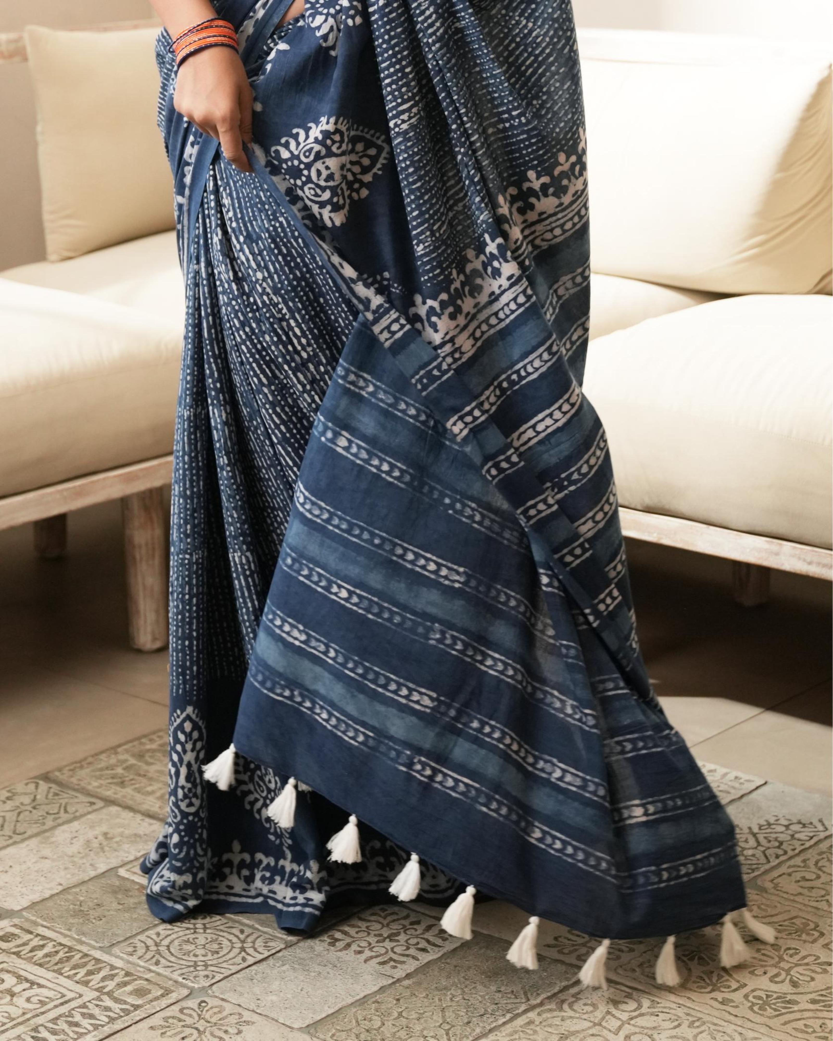 Indigo Tree Butta Dabu Print Mul Saree