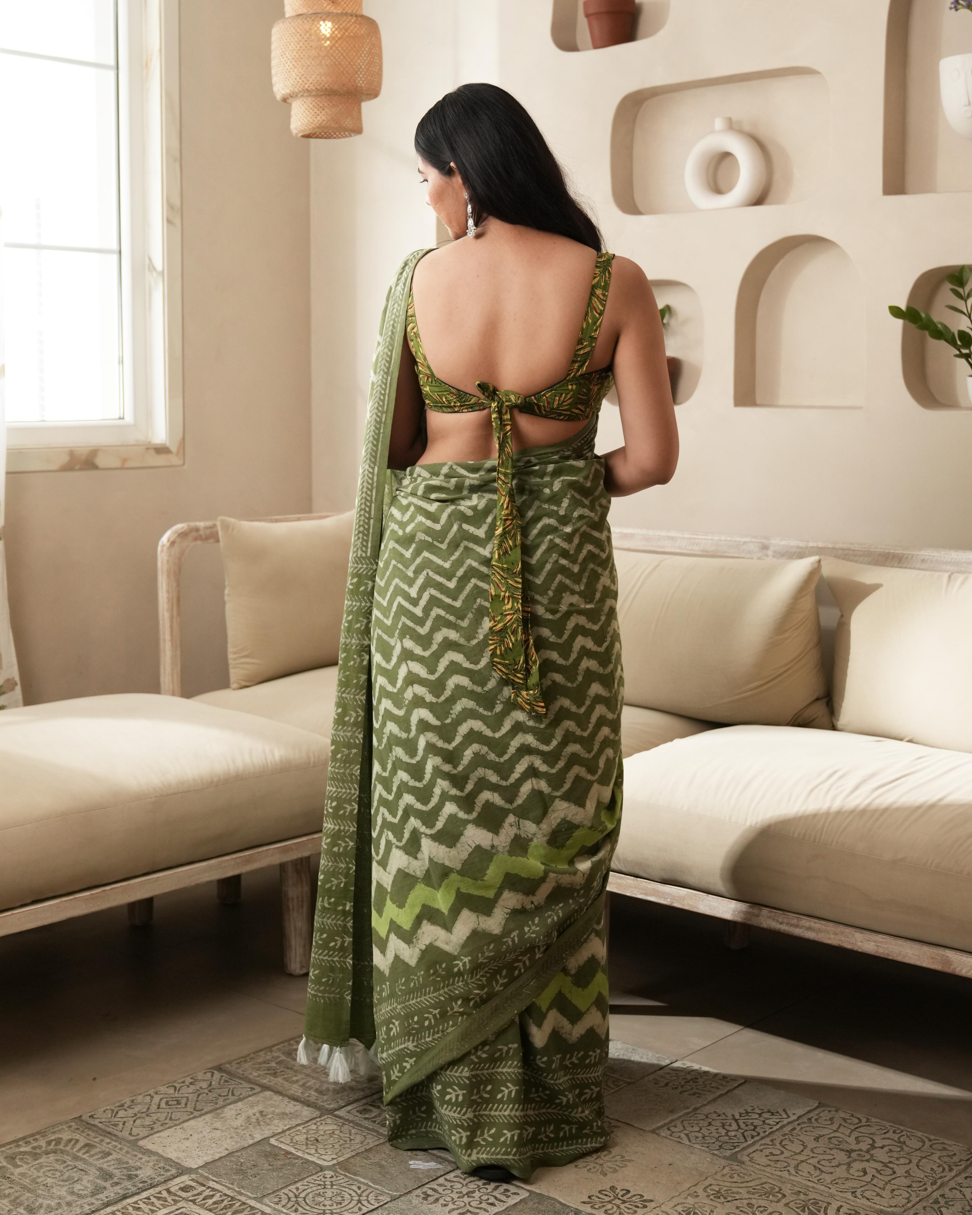 Rustic Green Dabu Wave Print Mul Saree
