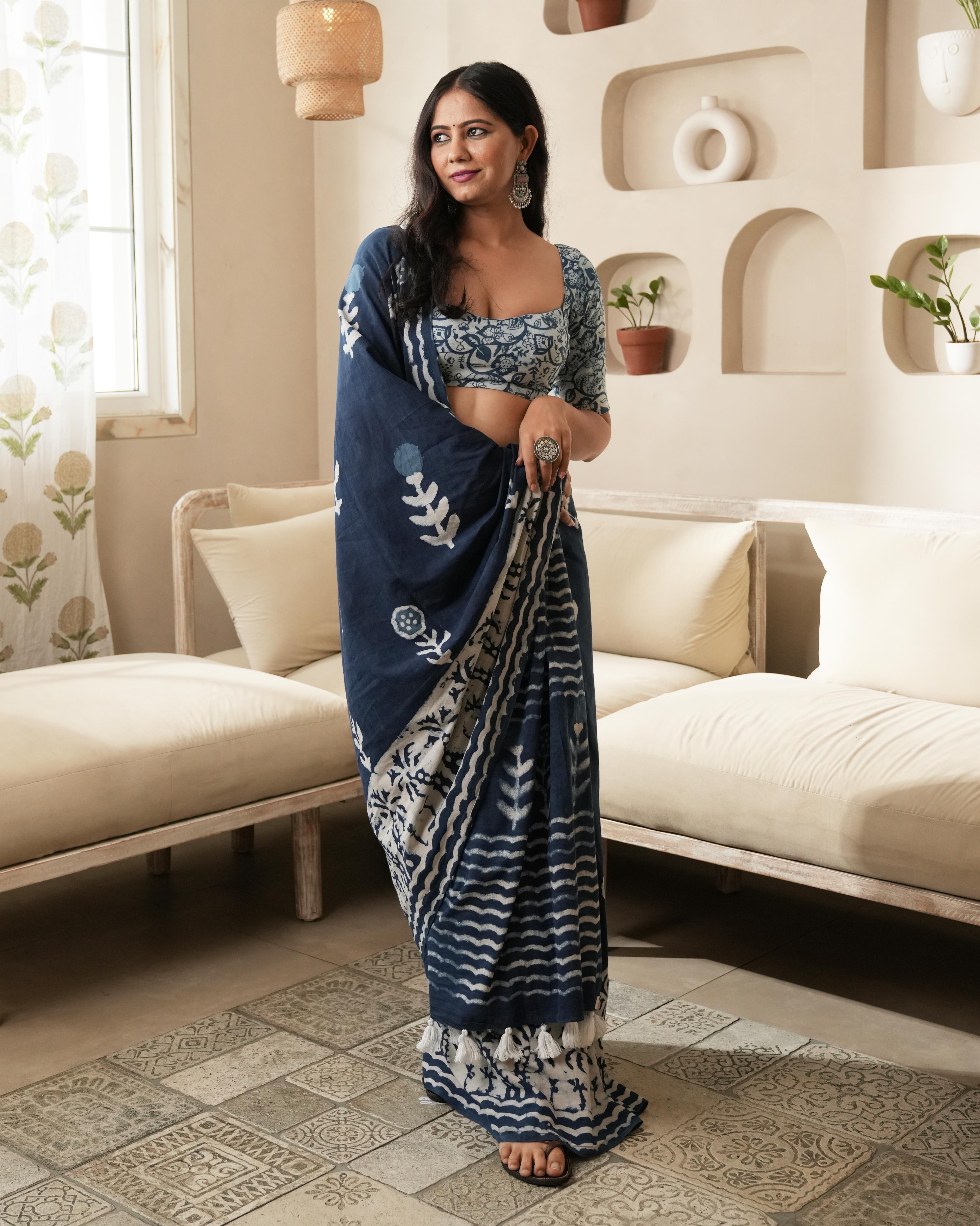 Indigo Parecha Border Dabu Print Mul Saree