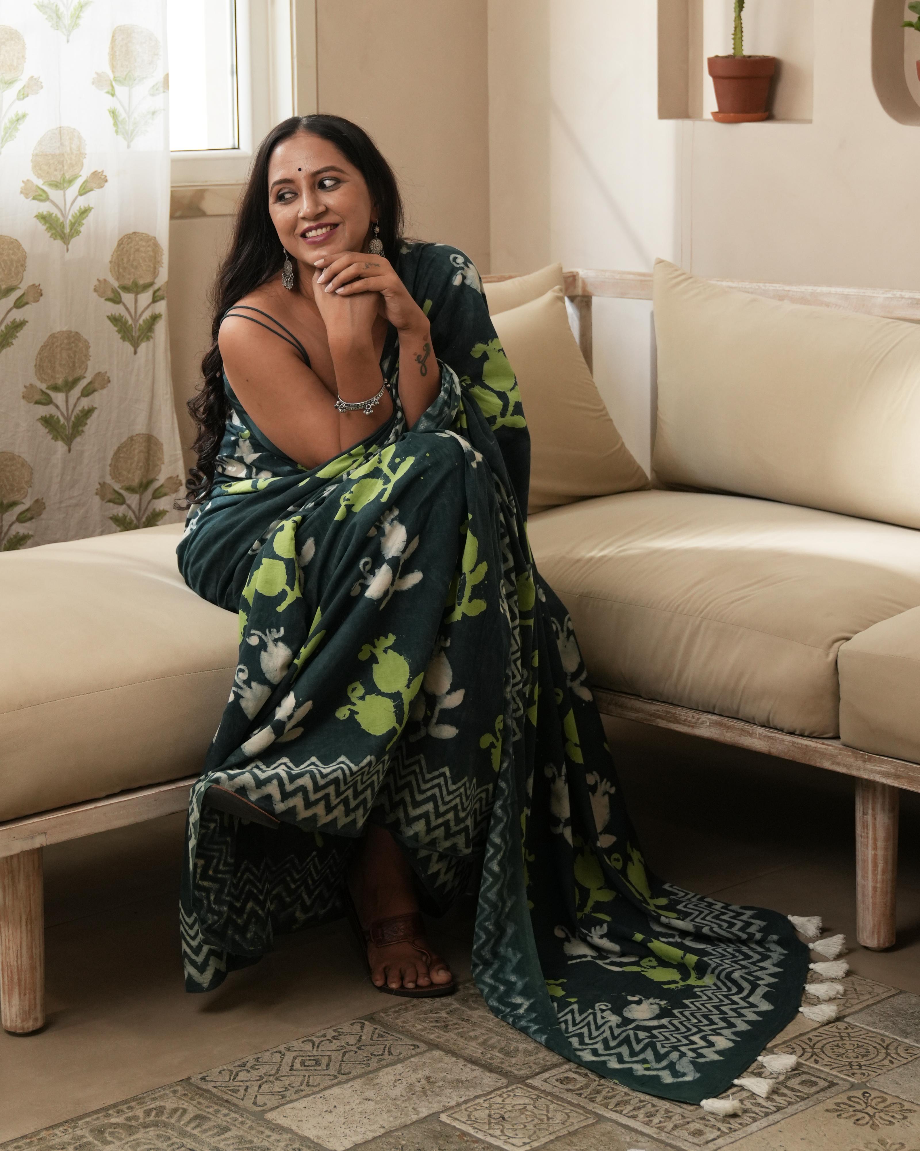 Bottle Green Mughal Butta Dabu Print Mul Saree