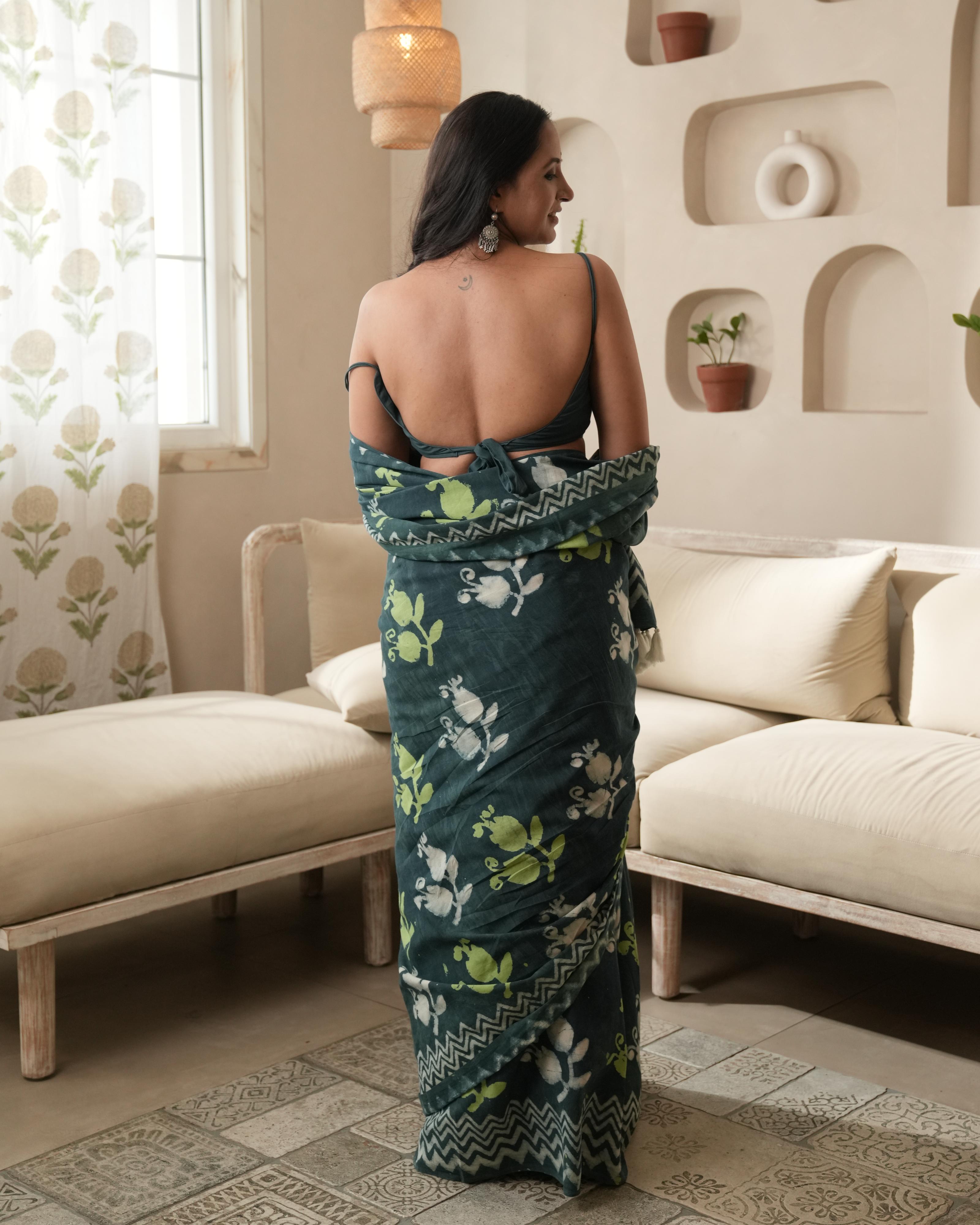Bottle Green Mughal Butta Dabu Print Mul Saree