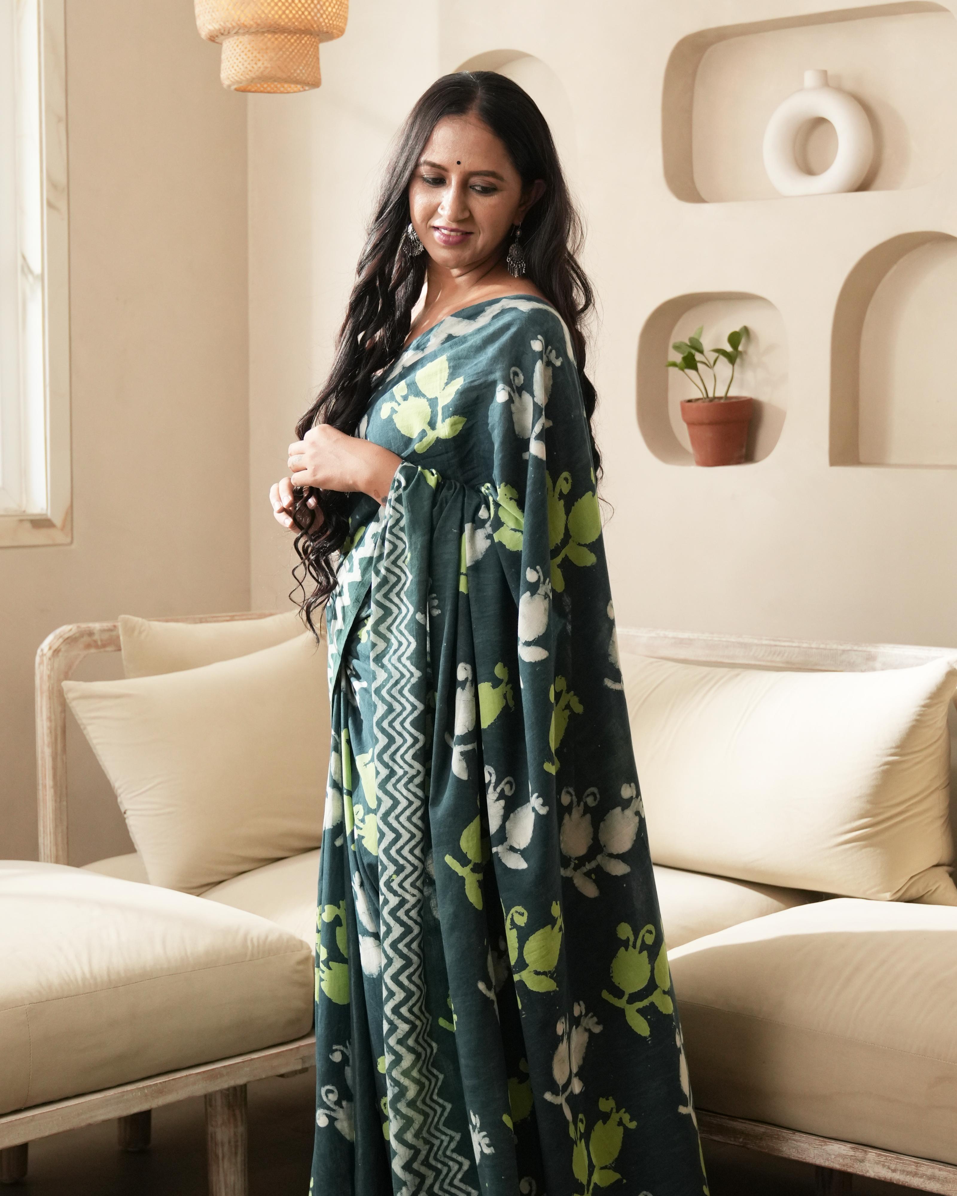 Bottle Green Mughal Butta Dabu Print Mul Saree