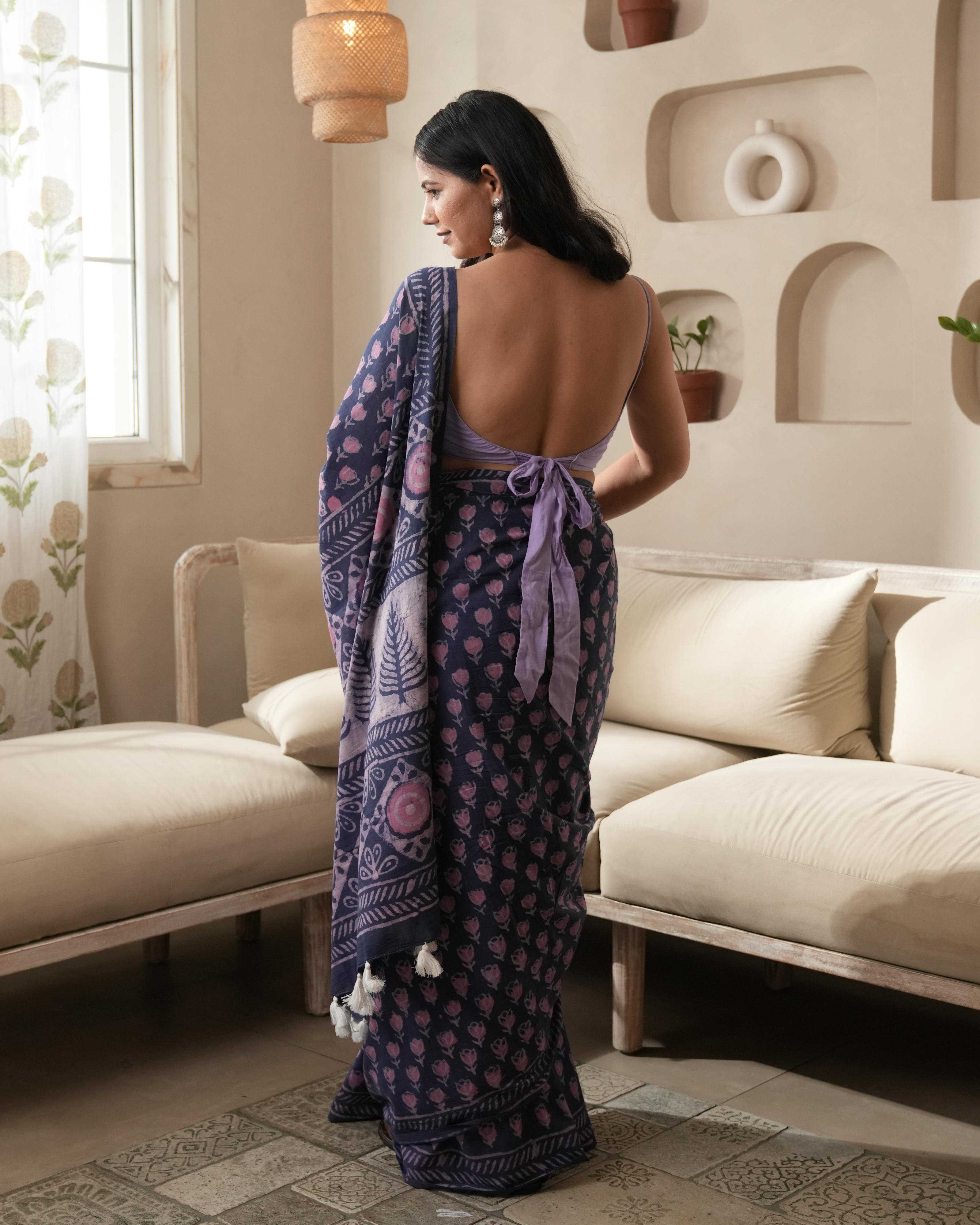 Purple Butti Dabu Print Mul Saree