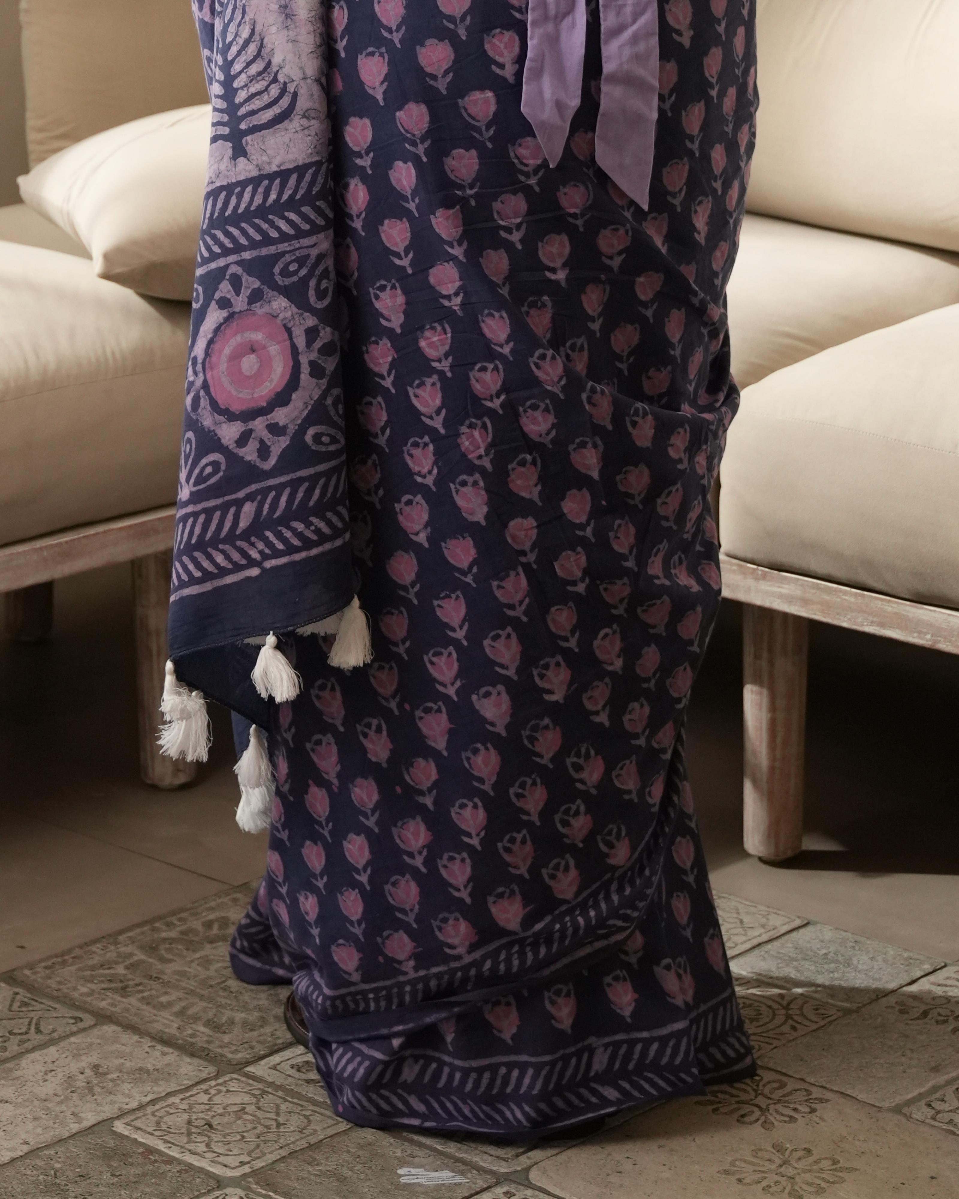 Purple Butti Dabu Print Mul Saree