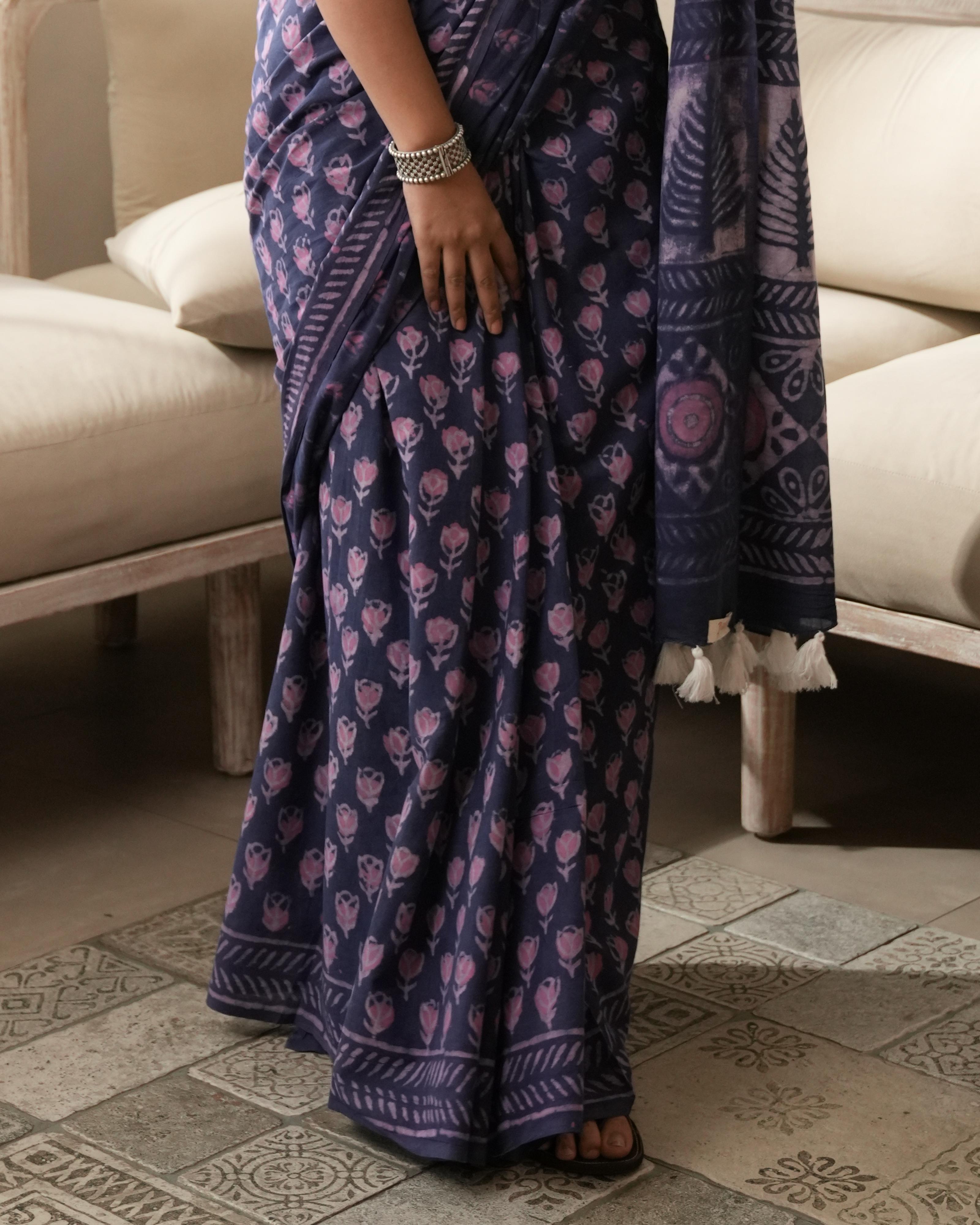Purple Butti Dabu Print Mul Saree