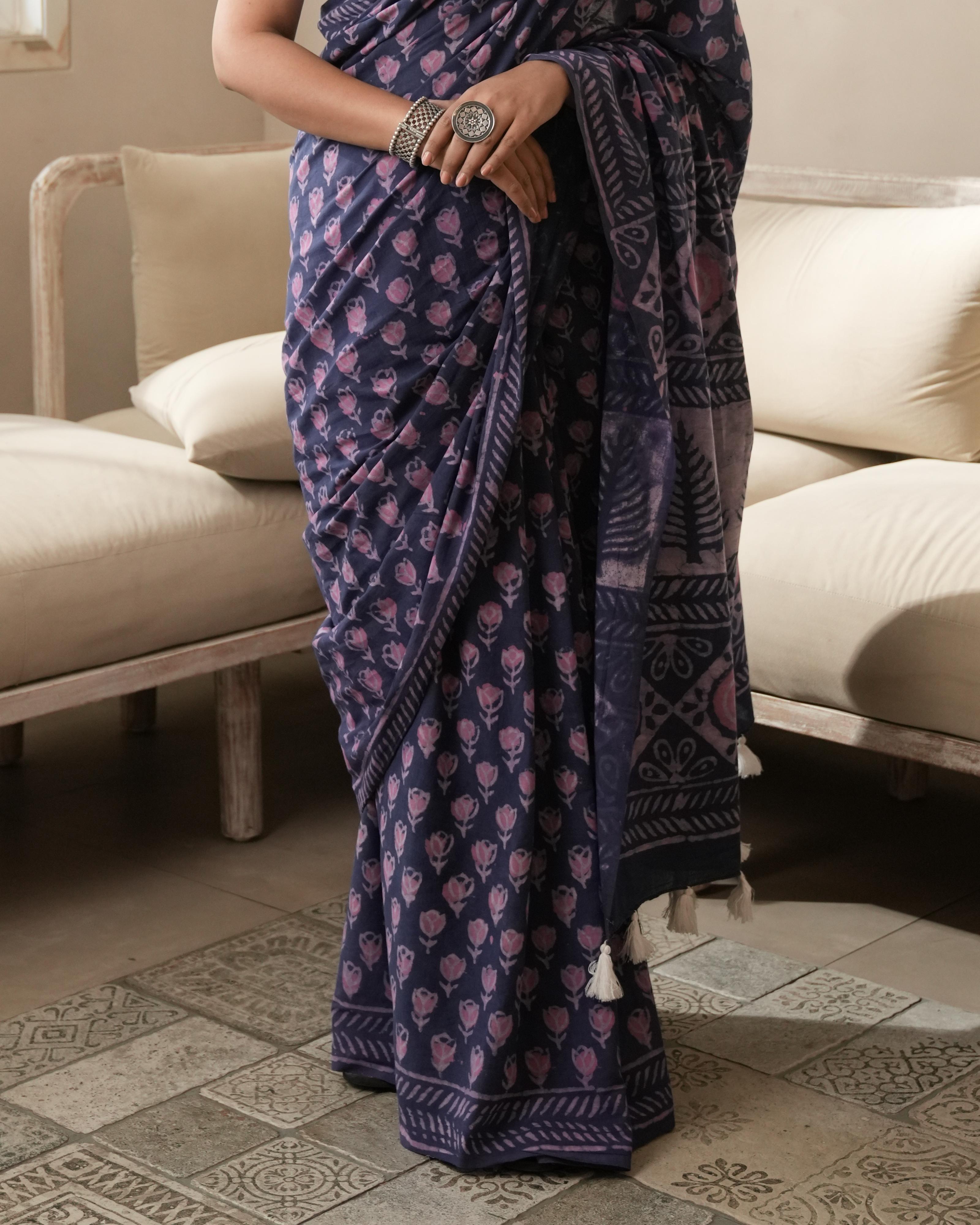 Purple Butti Dabu Print Mul Saree