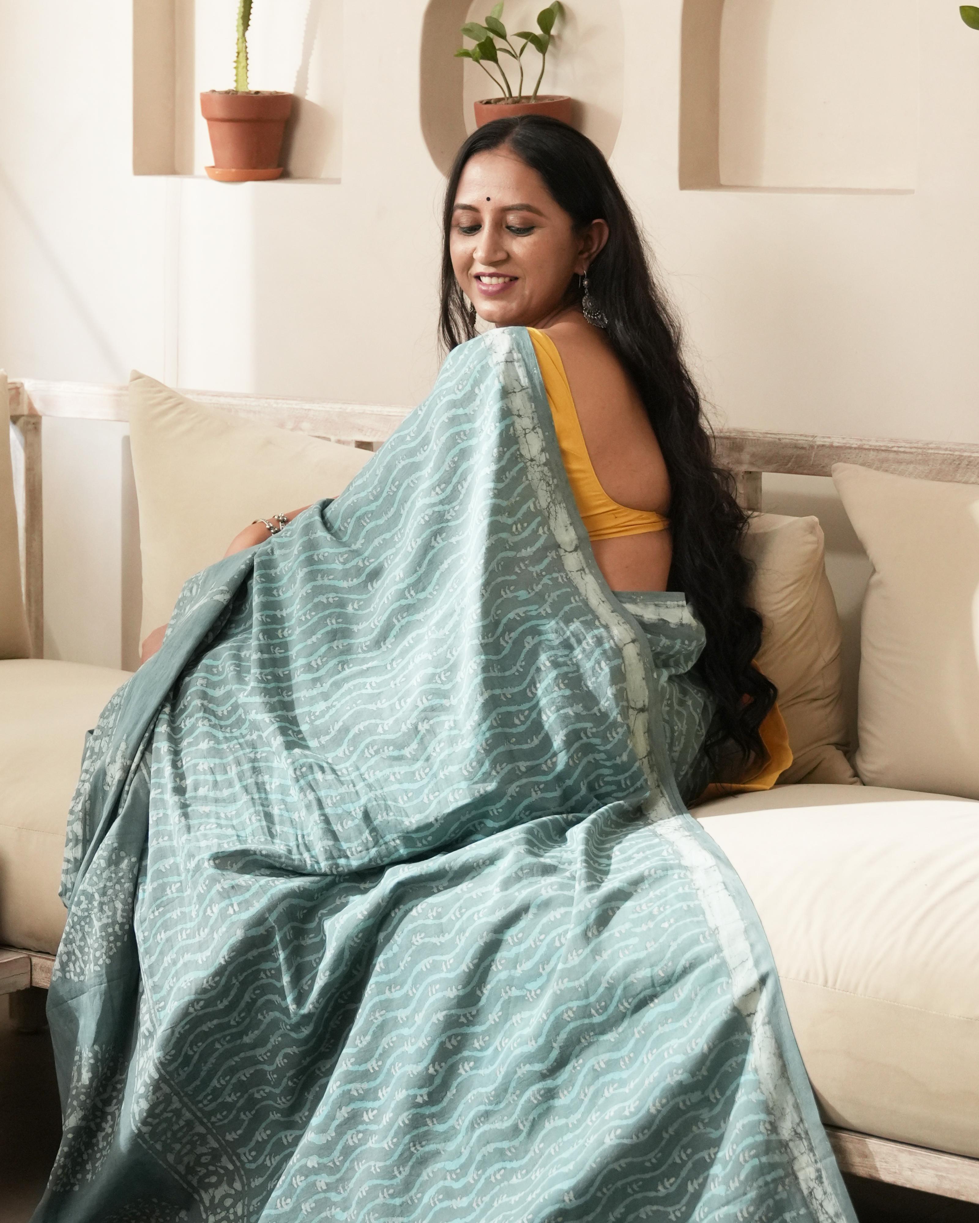 Rustic Teal Butta Dabu Print Mul Saree
