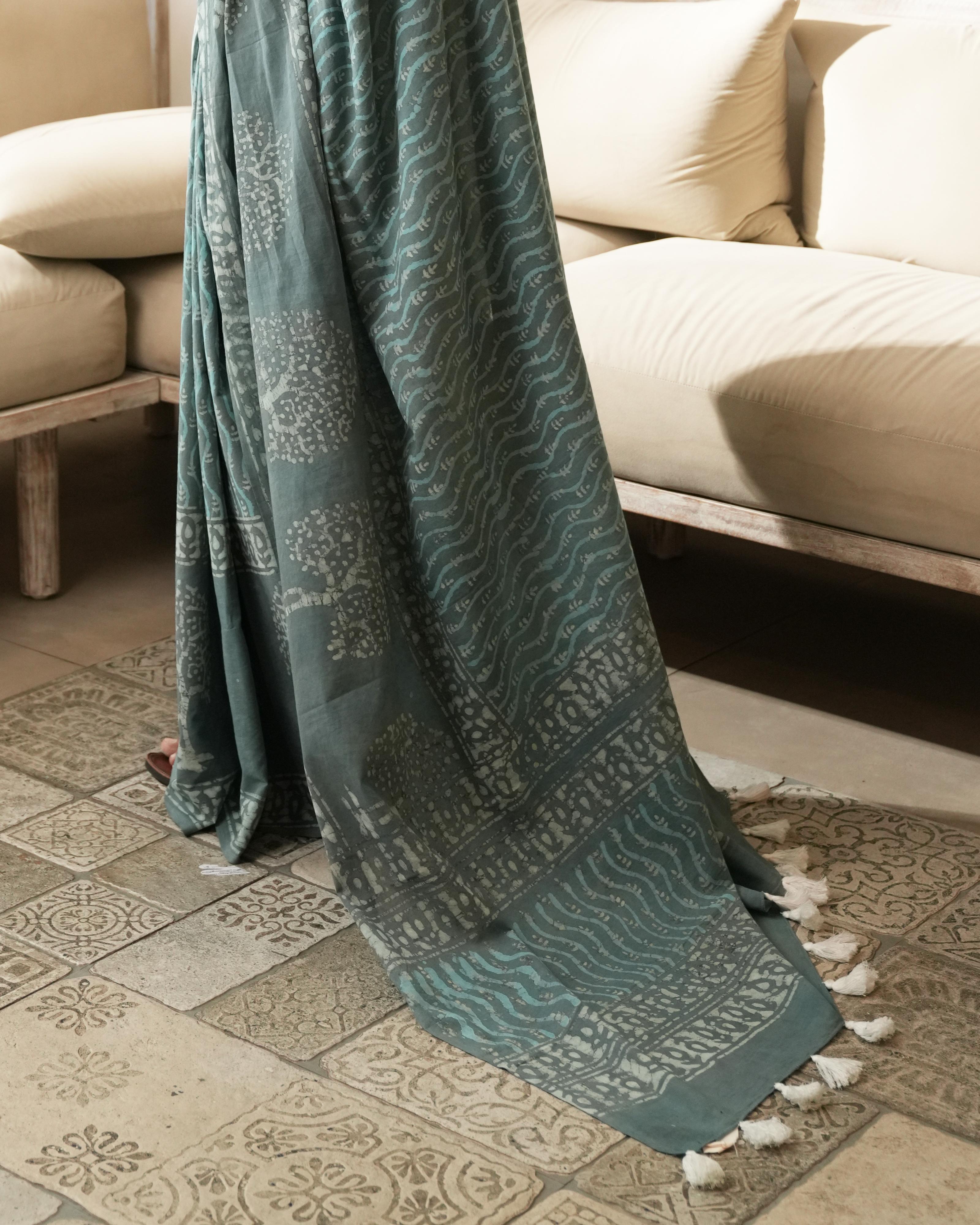 Rustic Teal Butta Dabu Print Mul Saree