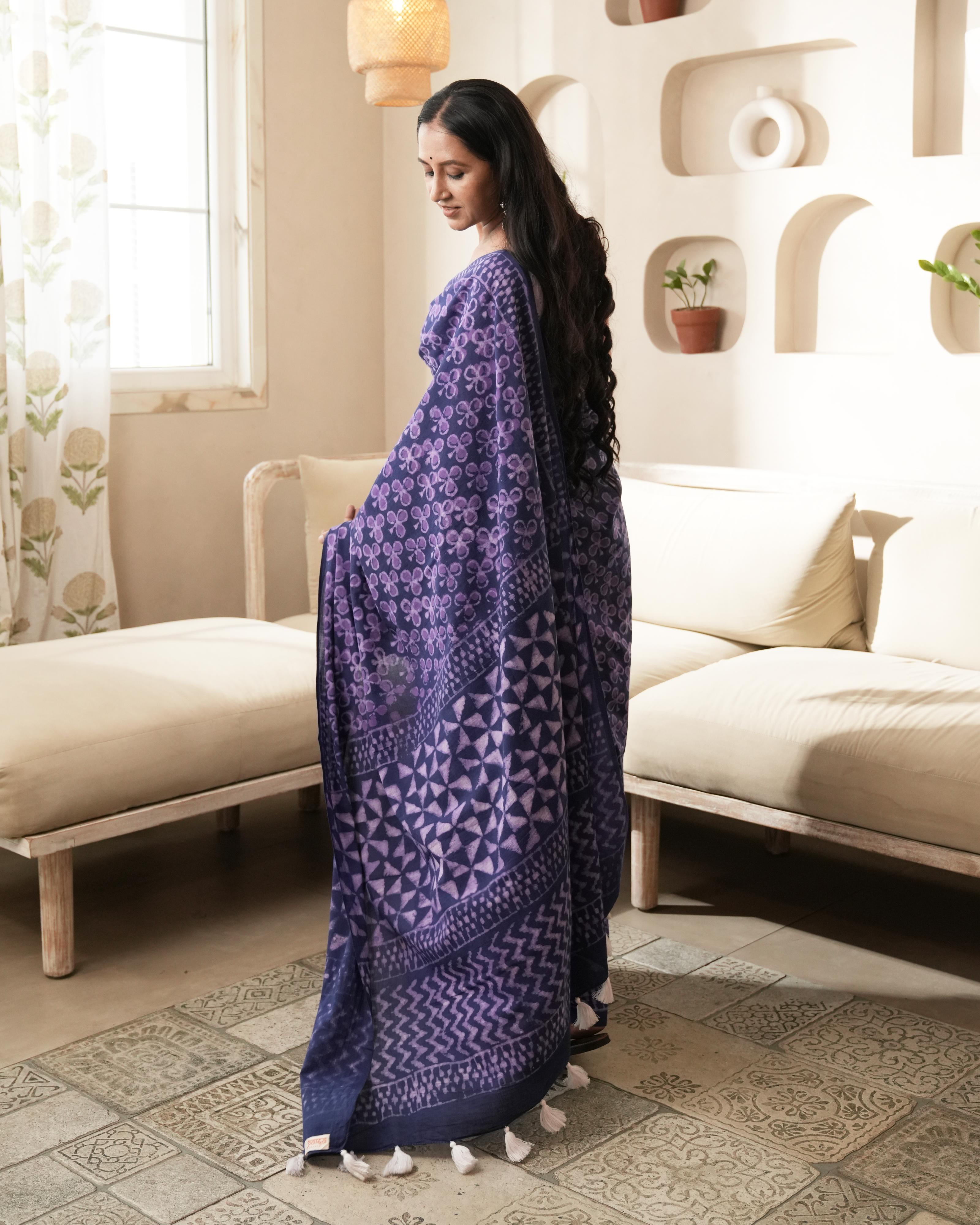 Indigo Blue Dabu Printed Mul Saree