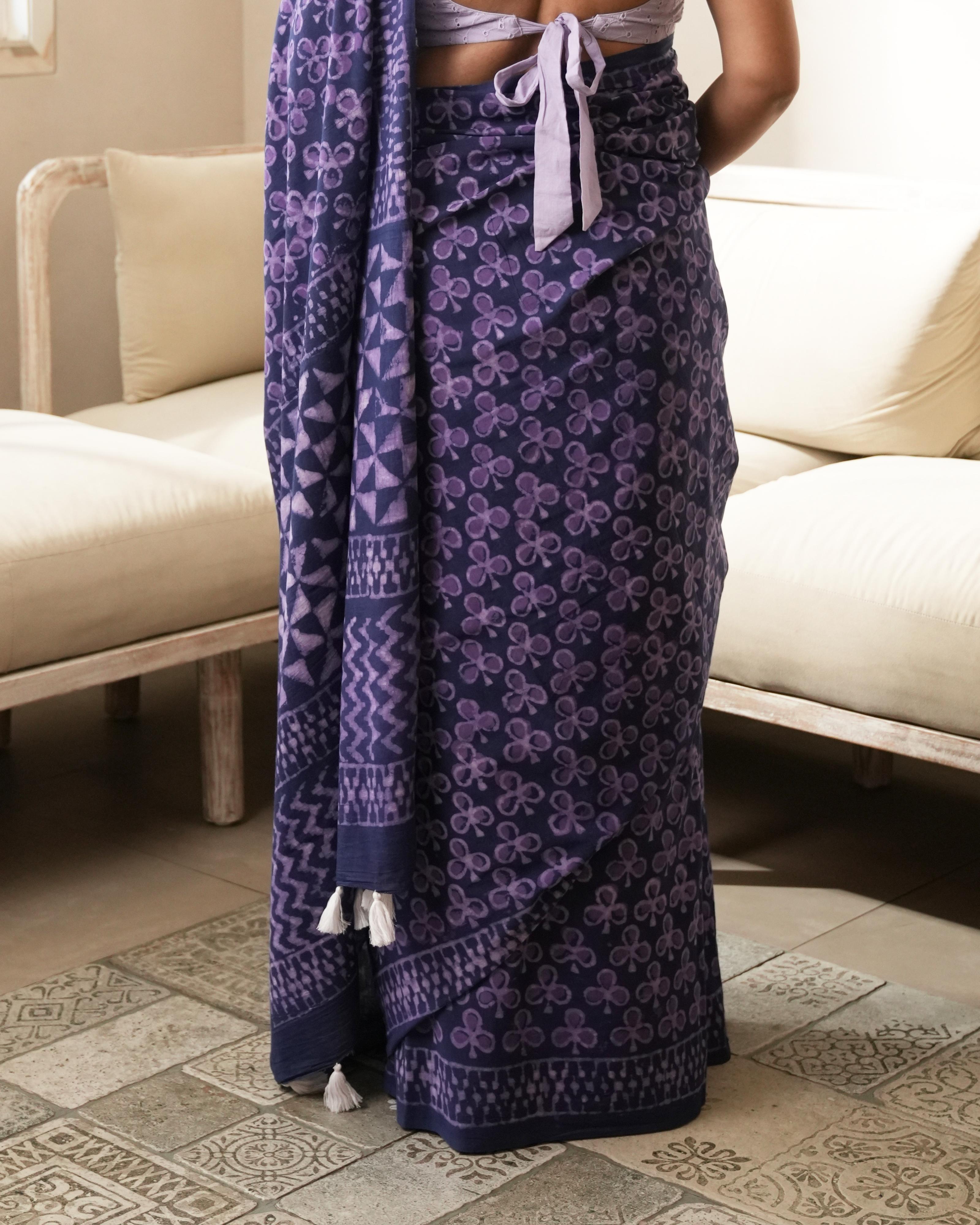 Indigo Blue Dabu Printed Mul Saree