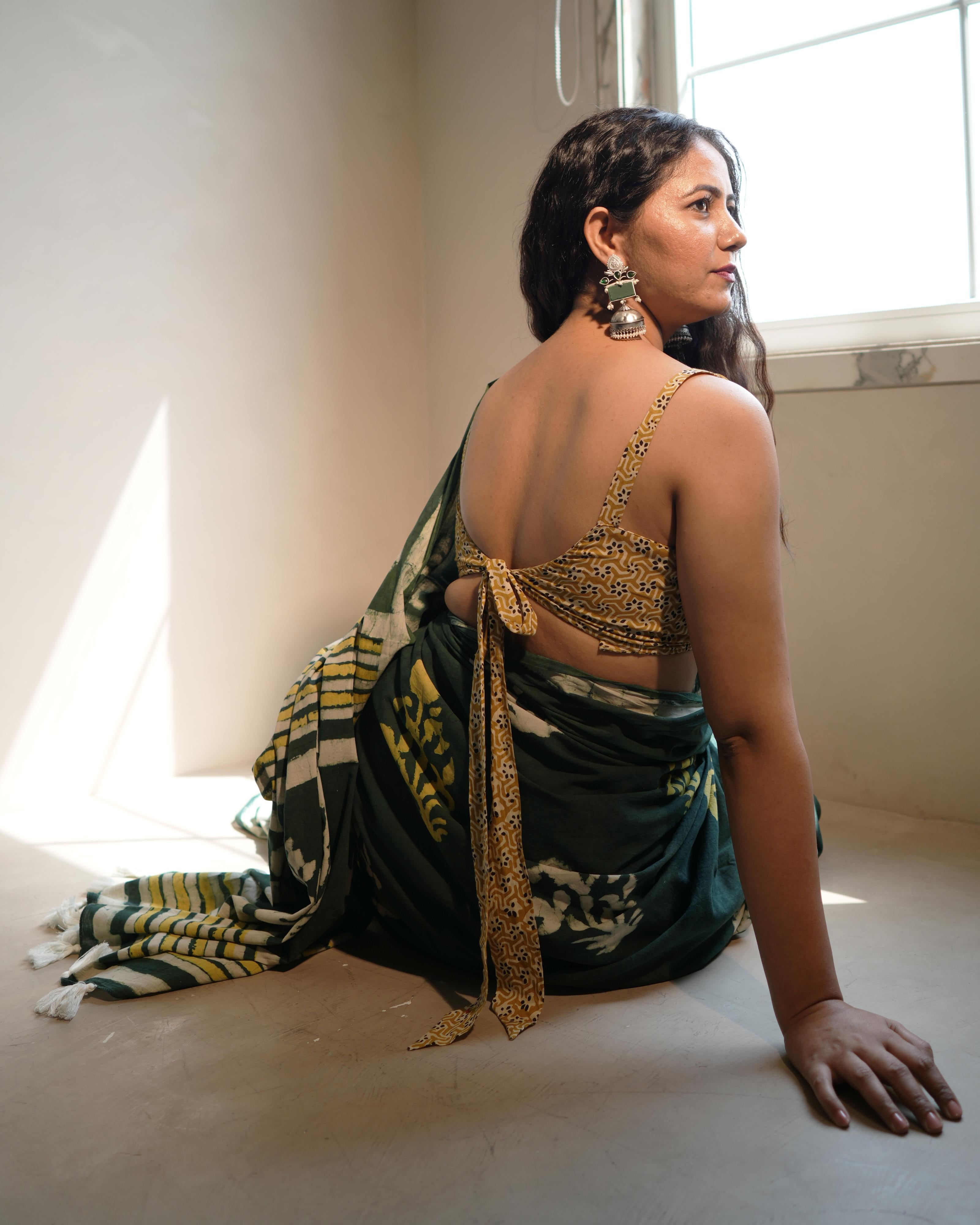 Green Dabu Butta Print Mul Saree with Tassels