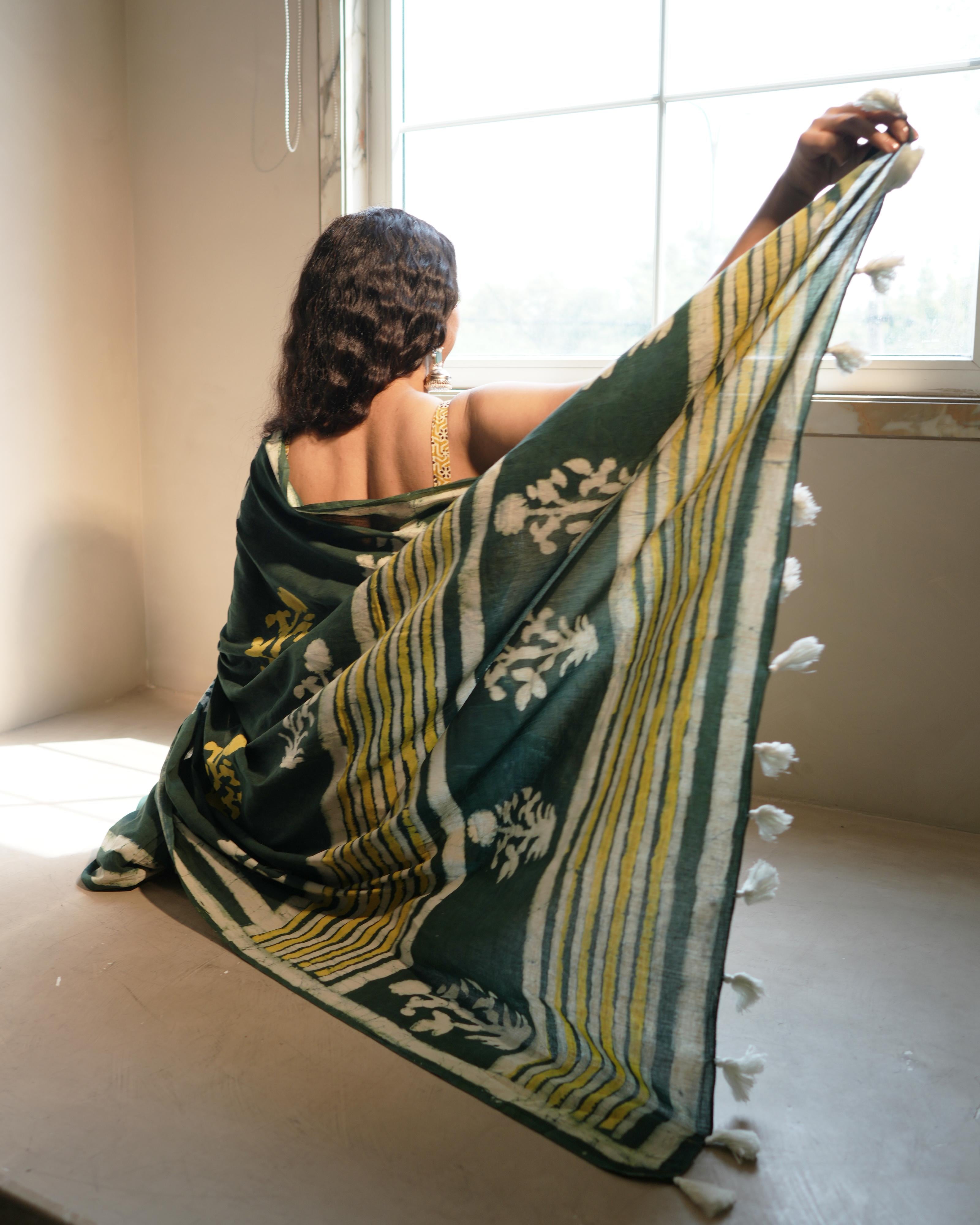 Green Dabu Butta Print Mul Saree with Tassels